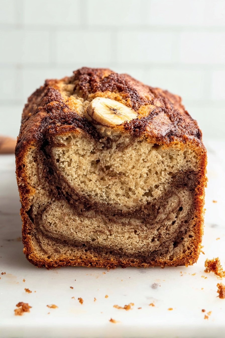 Cinnamon Swirl Banana Bread Recipe 8 Two slices of cinnamon swirl banana bread with brown and light beige swirls lie on a white plate with a leaf pattern, placed on a white marbled surface. Behind, a loaf of the same bread with visible banana slices on top sits on a white marble board, showing layers of dark cinnamon and light bread. To the left, there is a glass of milk with a striped straw, a glass salt shaker, and a small bowl containing butter cubes. Two silver forks rest beside the plate, and three cinnamon sticks are arranged on the marble surface to the right. Photo taken with an iphone --ar 2:3 --v 7 - Cinnamon Swirl Banana Bread, banana bread with cinnamon swirl, easy banana bread recipe, moist banana bread, flavorful cinnamon banana bread