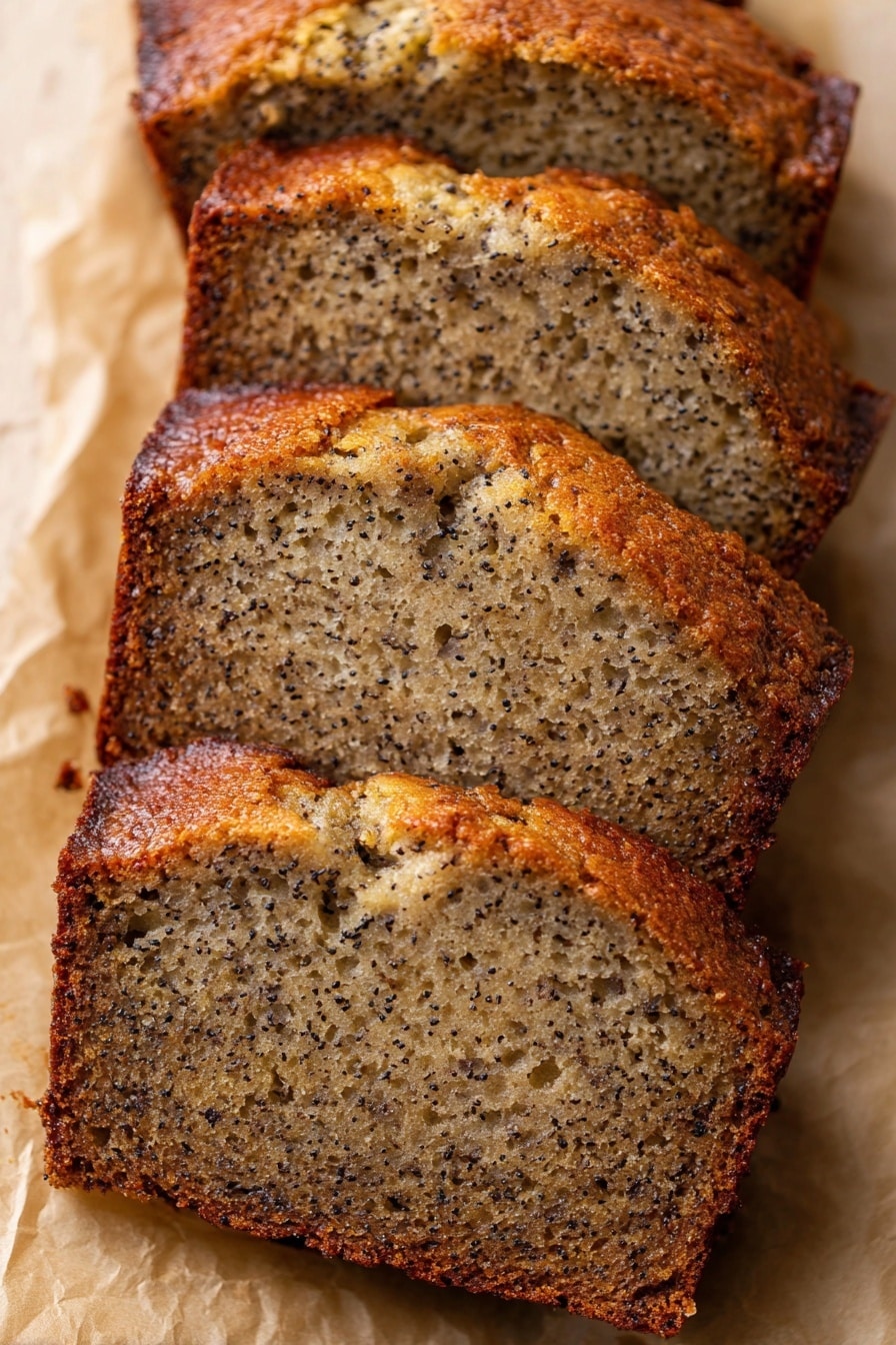 Easy Ripe Banana Bread Recipe 6 Four slices of banana bread are stacked slightly overlapping on a light brown parchment paper with a soft texture background. Each slice has a dark golden brown crust on the edges and top, with the inside showing a light brown color with small black specks throughout, creating a moist, dense look with a few small air holes. The slices are arranged diagonally from bottom left to top right, filling the close-up frame. Photo taken with an iphone --ar 2:3 --v 7 - Easy Ripe Banana Bread, banana bread recipe, moist banana bread, beginner banana bread, quick banana bread