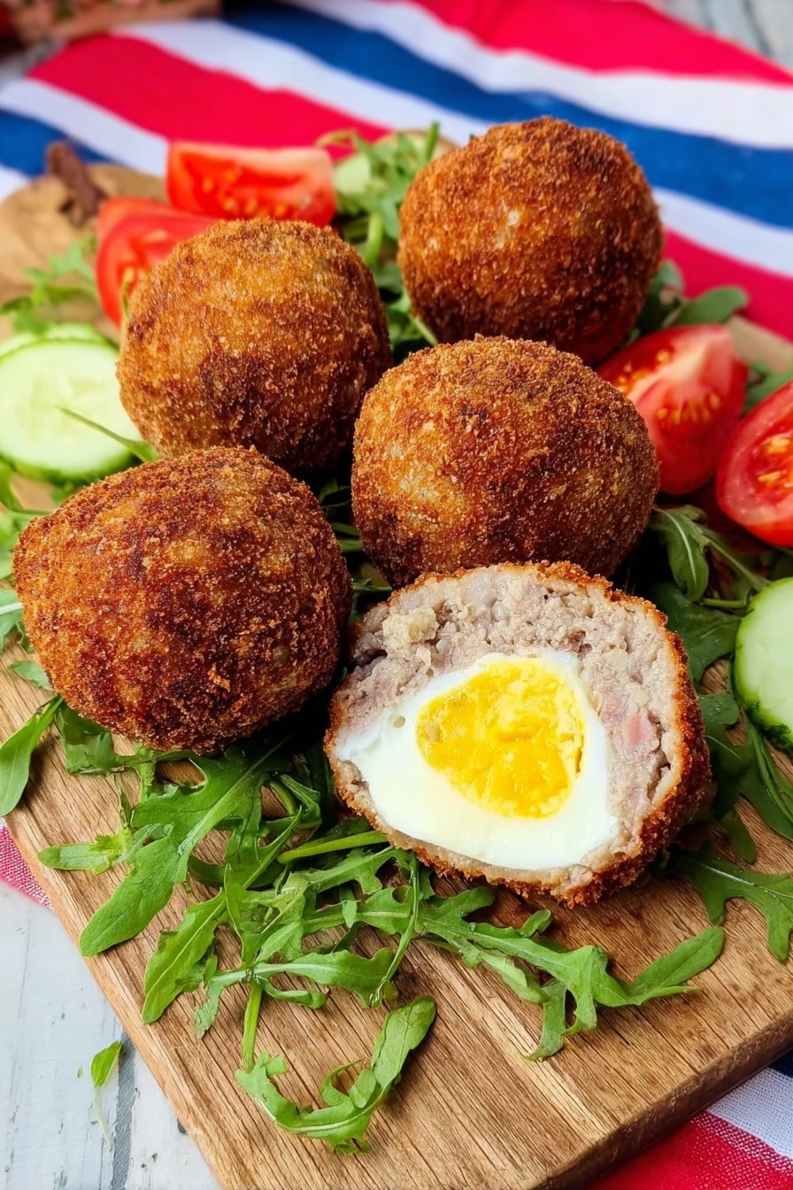 Homemade Scotch Eggs Recipe 8 Four round fried balls with a crunchy light brown outside sit on a wooden board. One ball is cut in half, showing three layers inside: a smooth white and yellow centered boiled egg, a thick layer of beige minced meat around it, and a crispy brown crust covering all outside. Green leafy arugula, slices of red tomato, and pieces of pale green cucumber surround the balls. The board is placed over a white marbled surface with a red, white, and blue striped cloth in the background. photo taken with an iphone --ar 2:3 --v 7 - Homemade Scotch Eggs, Scotch Eggs recipe, crispy Scotch eggs, soft boiled eggs with sausage, easy Scotch eggs