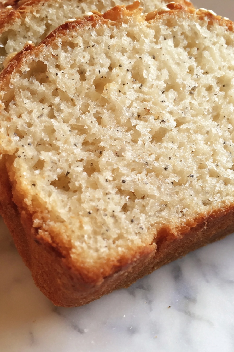 Moist Pineapple Banana Bread Recipe 8 The image shows a close-up of a slice of bread. The bread has a light beige inside with a soft, porous texture and tiny black specks scattered throughout. The crust is a golden brown color, slightly crispy with a rough texture and a bit darker spots. The bread looks moist and fresh, sitting on a white marbled surface. Photo taken with an iphone --ar 2:3 --v 7 - Moist Pineapple Banana Bread, tropical banana bread recipe, easy pineapple banana bread, soft banana bread with pineapple, pineapple banana quick bread