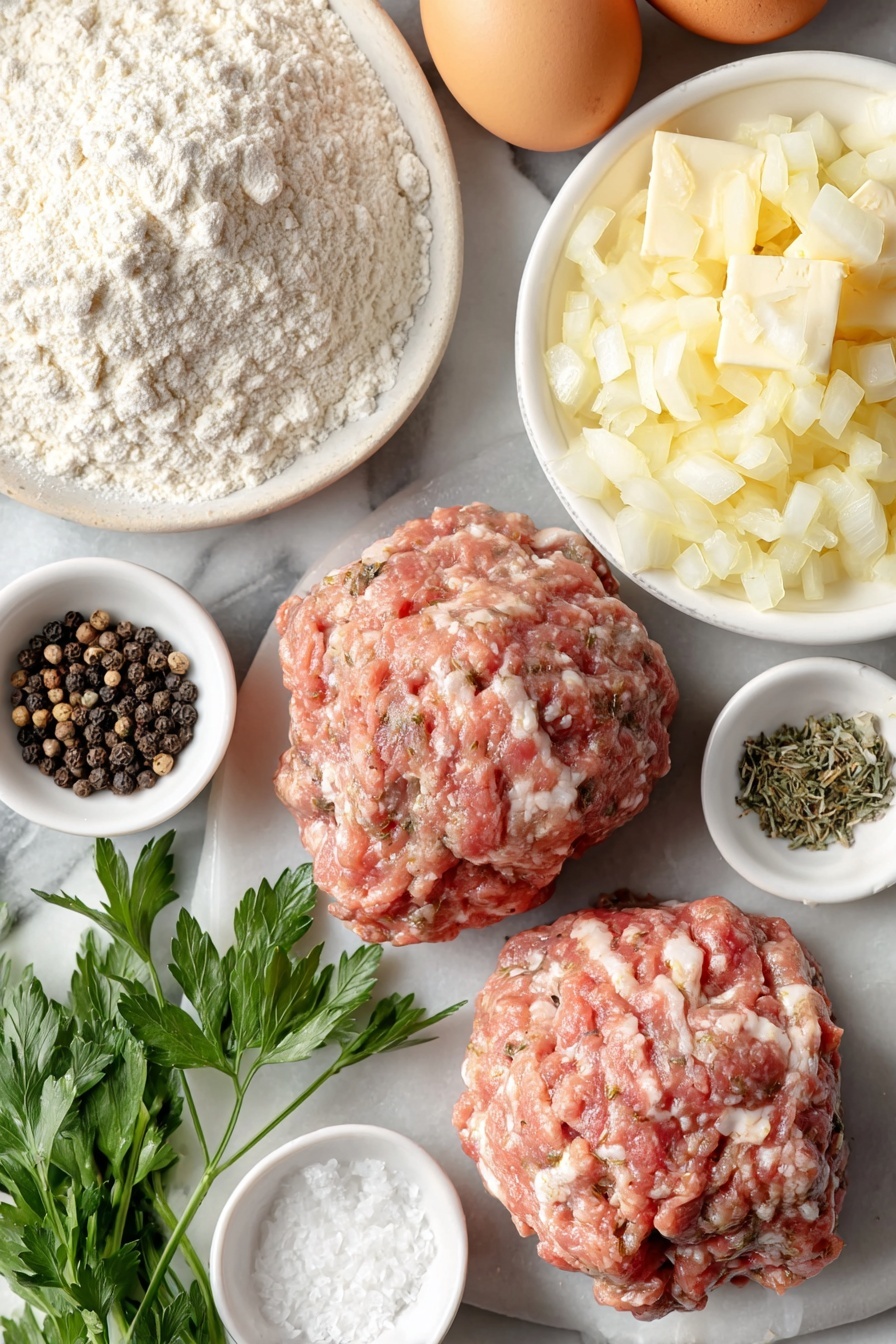 Traditional Scotch Lamb Pie Recipe 7 Flat lay of finely diced fresh white onion in a small white ceramic bowl, raw minced lamb formed into two compact balls on a simple white plate, a small pile of pale beige all-purpose flour on a white ceramic dish, two whole uncracked brown eggs beside the flour, a small white bowl of coarse sea salt, a small white bowl containing whole black peppercorns, fresh sprigs of green parsley and dried mint arranged neatly on the marble, a small white bowl holding pale yellow lard chunks, a pinch of ground nutmeg in a tiny white bowl, and a small white bowl with lamb stock, all arranged symmetrically, placed on a clean white marble surface, soft natural light, photo taken with an iPhone, professional food photography style, fresh ingredients, white ceramic bowls, no bottles, no duplicates, no utensils, no packaging --ar 2:3 --v 7 --p m7354615311229779997 - Traditional Scotch Lamb Pie, Scotch Lamb Pie recipe, British lamb pie, hearty lamb pie, traditional Scottish meat pie