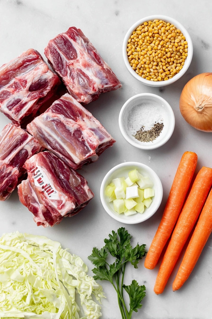 Traditional Scotch Broth with Lamb Recipe 7 Flat lay of fresh lamb neck bones with visible marbling and connective tissue, a small heap of pearl barley grains, a small white bowl filled with dried split peas, a medium whole onion with papery skin, two medium fresh carrots with bright orange color and green tops removed, a small diced rutabaga showing pale yellow flesh, a small leek sliced into rings with clean white and light green layers, a small mound of shredded Savoy cabbage with crinkled green leaves, a small white bowl containing coarse sea salt crystals, a small white bowl with freshly ground black pepper, and a few sprigs of fresh flat-leaf parsley arranged neatly, all placed on a clean white marble surface, soft natural light, photo taken with an iPhone, professional food photography style, fresh ingredients, white ceramic bowls, no bottles, no duplicates, no utensils, no packaging --ar 2:3 --v 7 --p m7354615311229779997 - Traditional Scotch Broth with Lamb, Scotch Broth with Lamb, hearty Scottish soup, lamb and barley soup, comforting Scottish dish