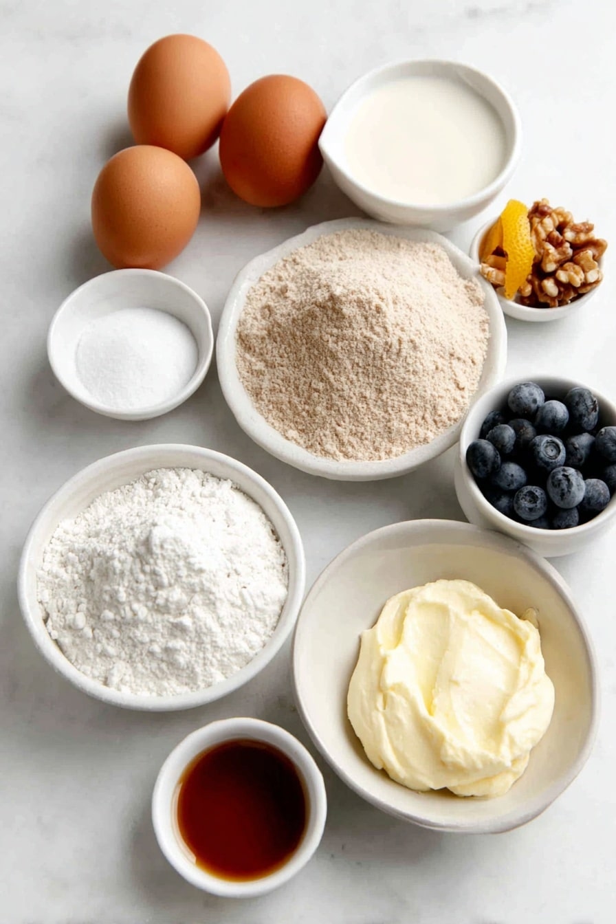 Flat lay of two brown eggs with smooth clean shells, a small white ceramic bowl of creamy plain Greek yogurt, a small white bowl filled with almond milk, a small white bowl holding clear vanilla extract, a neat mound of whole wheat flour beside white whole wheat flour on a simple white ceramic plate, a small white bowl of white granulated sugar, a small white bowl of baking powder, a small white bowl of coarse salt, a handful of fresh blueberries scattered naturally, a small white bowl of amber maple syrup, bright orange zest curls, and a few whole nuts arranged symmetrically, all placed on a clean white marble surface, soft natural light, photo taken with an iPhone, professional food photography style, fresh ingredients, white ceramic bowls, no bottles, no duplicates, no utensils, no packaging --ar 2:3 --v 7 --p m7354615311229779997 - Fluffy Greek Yogurt Pancakes, Greek yogurt pancake recipe, light and fluffy pancakes, healthy breakfast pancakes, easiest pancake recipe