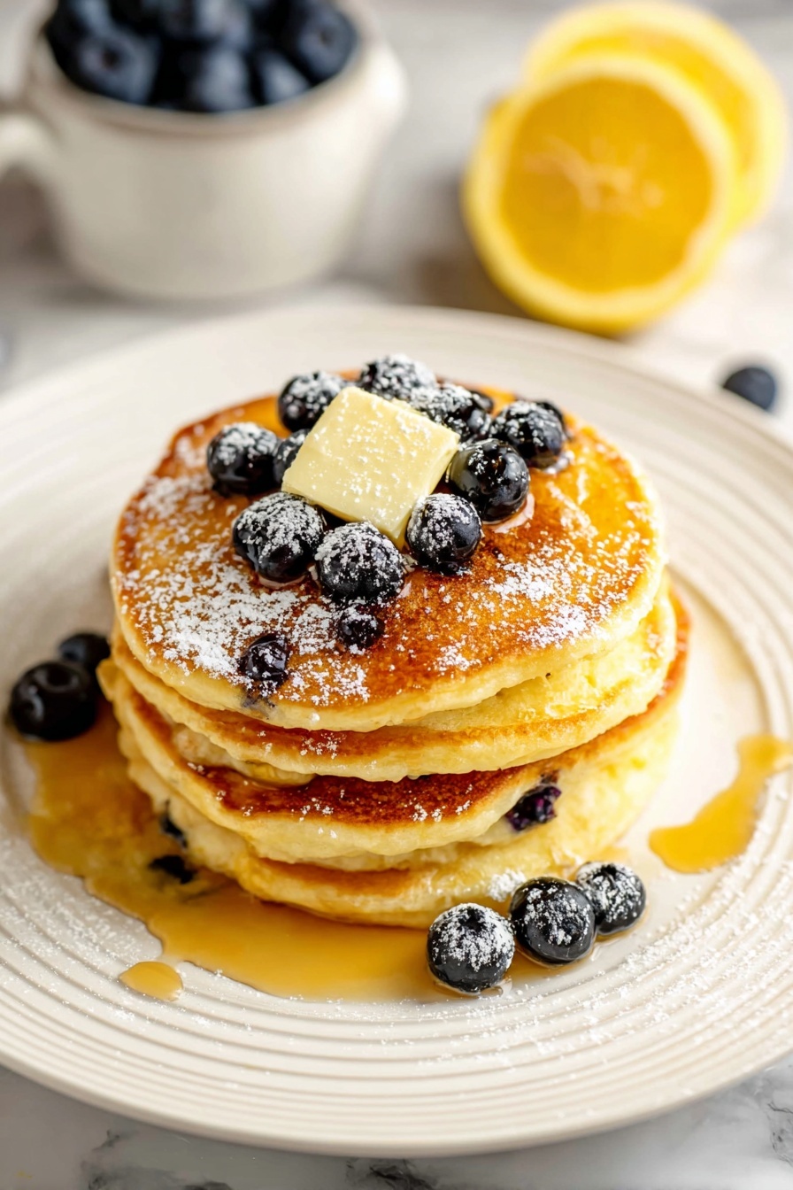 Lemon Ricotta Pancakes Recipe 8 A stack of four thick, golden pancakes sits in the center of a white plate with circular ridges. The pancakes are slightly crispy on the edges and soft in the middle. On top of the stack is a square pat of melting butter, surrounded by fresh dark blueberries dusted with powdered sugar. Golden syrup drizzles down the sides of the pancakes, pooling lightly on the plate and mingling with more blueberries scattered around. To the left of the pancakes is a bright yellow lemon half, and in the blurred background, a white bowl filled with blueberries is visible. The whole scene rests on a white marbled surface. photo taken with an iphone --ar 2:3 --v 7 - Lemon Ricotta Pancakes, Lemon Ricotta Pancakes Recipe, Fluffy Lemon Pancakes, Easy Lemon Breakfast, Bright Lemon Pancakes