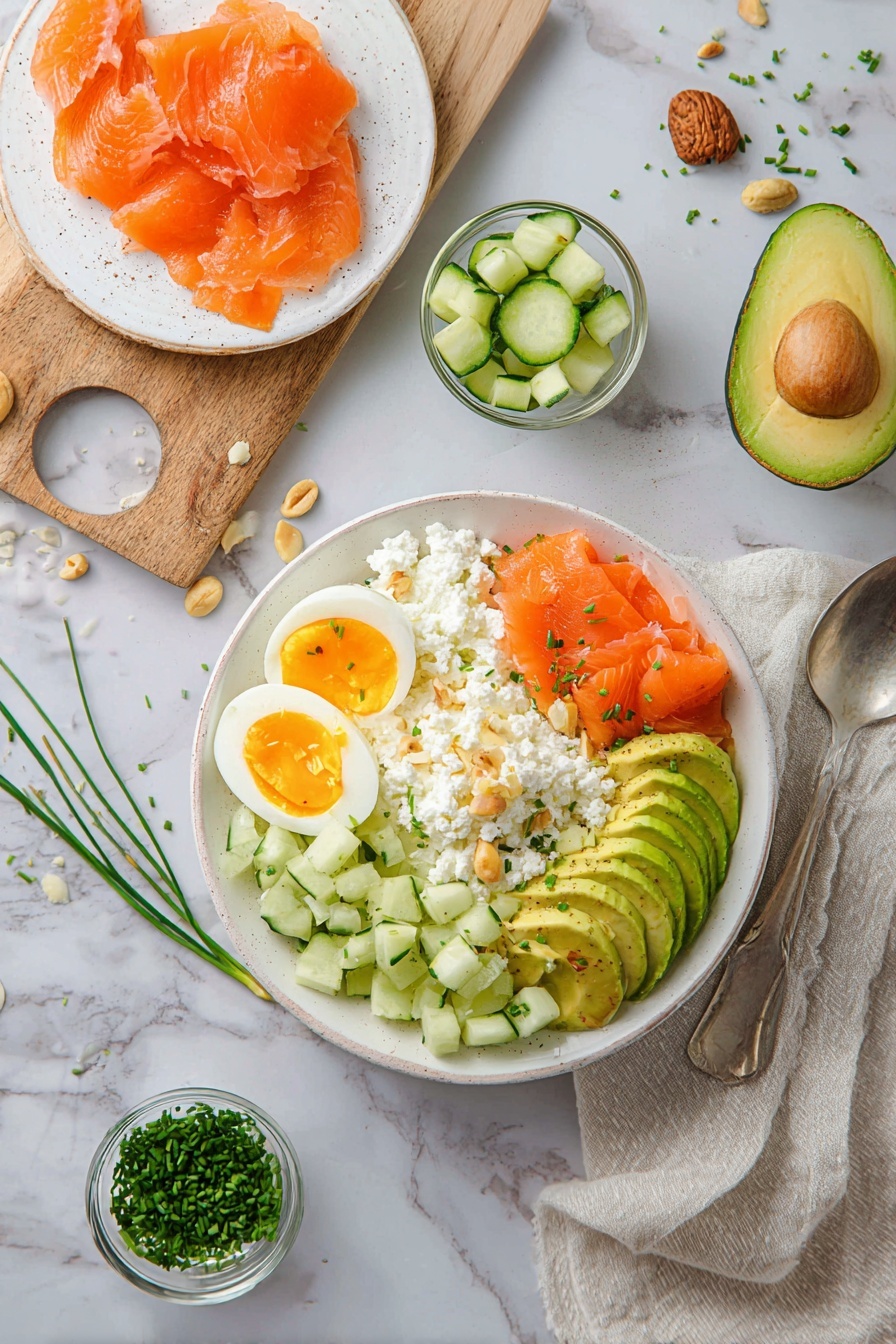 Smoked Salmon Cottage Cheese Salad Recipe 8 The image shows a white bowl filled with different layers: the bottom layer is white cottage cheese with a soft texture, topped with diced green cucumber cubes on one side; next to it, bright orange slices of smoked salmon are arranged in a small pile, and on the other side are sliced light green avocado pieces fanned out neatly. On top of the cottage cheese and avocado, there are two halves of a boiled egg with bright yellow yolks. Chopped nuts and small green chive pieces are sprinkled all over the dish. Nearby on a white plate, thin slices of smoked salmon lie in a small heap. There is a wooden board with a halved avocado and a small clear bowl of chopped chives, along with another small bowl containing sliced cucumbers stacked one over the other. The setting is on a white marbled surface with scattered chives and nuts, a folded light towel, and a silver spoon placed beside the bowl. photo taken with an iphone --ar 2:3 --v 7 - Smoked Salmon Cottage Cheese Salad, smoked salmon salad, healthy quick salad, protein-packed lunch, light seafood salad