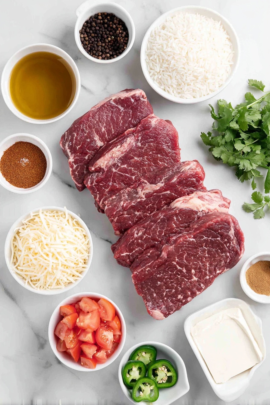 Steak Queso Rice Bowl Recipe 7 Flat lay of fresh raw sirloin steak strips with visible marbling, a small white bowl of golden olive oil, a white ceramic bowl containing coarse salt, a small pile of whole black peppercorns, a small heap of paprika powder, a small white bowl with ground cumin, a small mound of garlic powder, a small white bowl of uncooked jasmine rice grains, a small white bowl filled with rich golden beef broth, a small pat of creamy butter, shredded white cheddar cheese loosely piled in a white bowl, shredded Monterey Jack cheese in another white bowl, a small white bowl with thick heavy cream, a small white bowl of smooth cream cheese, a small white bowl holding finely chopped fresh cilantro, a fresh green jalapeño sliced into rings on the side, a small white bowl of diced vibrant red tomatoes, a small dollop of sour cream on a simple white dish—all ingredients spread evenly in perfect symmetry, placed on a clean white marble surface, soft natural light, photo taken with an iPhone, professional food photography style, fresh ingredients, white ceramic bowls, no bottles, no duplicates, no utensils, no packaging --ar 2:3 --v 7 --p m7354615311229779997 - Steak Queso Rice Bowl, easy steak rice bowl, cheesy beef rice bowl, quick weeknight dinner recipes, flavorful rice bowl ideas