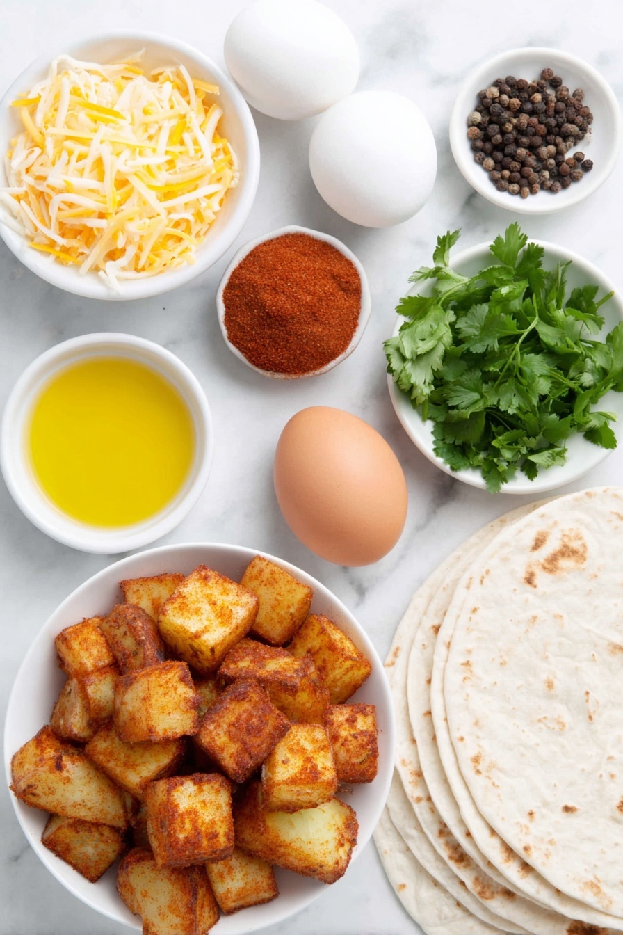 Chorizo Breakfast Burritos Recipe 7 Flat lay of roasted cubed petite red and Yukon gold potatoes with golden crispy edges, a small white bowl of rich orange olive oil, a small white bowl filled with bright red smoked paprika powder, another small white bowl containing fine white kosher salt, a few whole black peppercorns scattered neatly, a fresh uncracked brown egg and a fresh uncracked white egg side by side, raw Mexican chorizo sausage links with a deep reddish-brown color, a small white bowl overflowing with shredded sharp cheddar cheese in bright orange, another small white bowl heaping with shredded creamy white Monterey Jack cheese, six soft, warm burrito-sized white flour tortillas stacked evenly, and a small white bowl filled with freshly chopped vibrant green parsley and cilantro leaves placed on a clean white marble surface, soft natural light, photo taken with an iPhone, professional food photography style, fresh ingredients, white ceramic bowls, no bottles, no duplicates, no utensils, no packaging --ar 2:3 --v 7 --p m7354615311229779997 - Chorizo Breakfast Burritos, breakfast burritos with chorizo, easy breakfast burritos, make-ahead breakfast burritos, spicy breakfast recipes