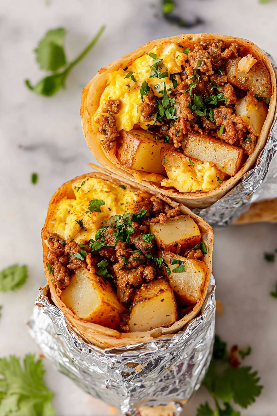 Chorizo Breakfast Burritos Recipe 6 Two breakfast burritos are shown, both wrapped in soft light brown tortillas partially covered in foil. Inside each burrito, there are three layers: the bottom layer has golden-brown roasted potato chunks with crispy edges, the middle layer contains scrambled eggs that are yellow and slightly soft, and the top layer includes cooked ground sausage that is brown and crumbly. The filling is sprinkled with green chopped cilantro leaves for a fresh touch. The burritos sit on a white marbled surface with bits of cilantro around them. Photo taken with an iphone --ar 2:3 --v 7 - Chorizo Breakfast Burritos, breakfast burritos with chorizo, easy breakfast burritos, make-ahead breakfast burritos, spicy breakfast recipes
