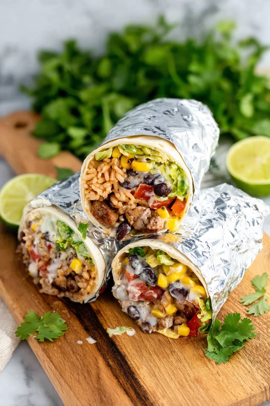 Vegan Black Bean Burrito Recipe 8 Three burritos wrapped in shiny silver foil are placed on a wooden board with a white marbled background. Two burritos are cut in half, showing many colorful layers inside: soft tortilla wraps on the outside, followed by layers of brown rice, black beans, yellow corn, red diced tomatoes, green lettuce, and a creamy white sauce mixed with small chunks of grilled meat and spices. Behind the burritos, there are fresh green cilantro leaves and lime halves adding a fresh touch to the image. The scene looks bright and fresh, focused on the detailed textures and colors of the fillings. photo taken with an iphone --ar 2:3 --v 7 - Vegan Black Bean Burrito, black bean burrito, vegan burrito recipe, plant-based burrito, healthy burrito ideas