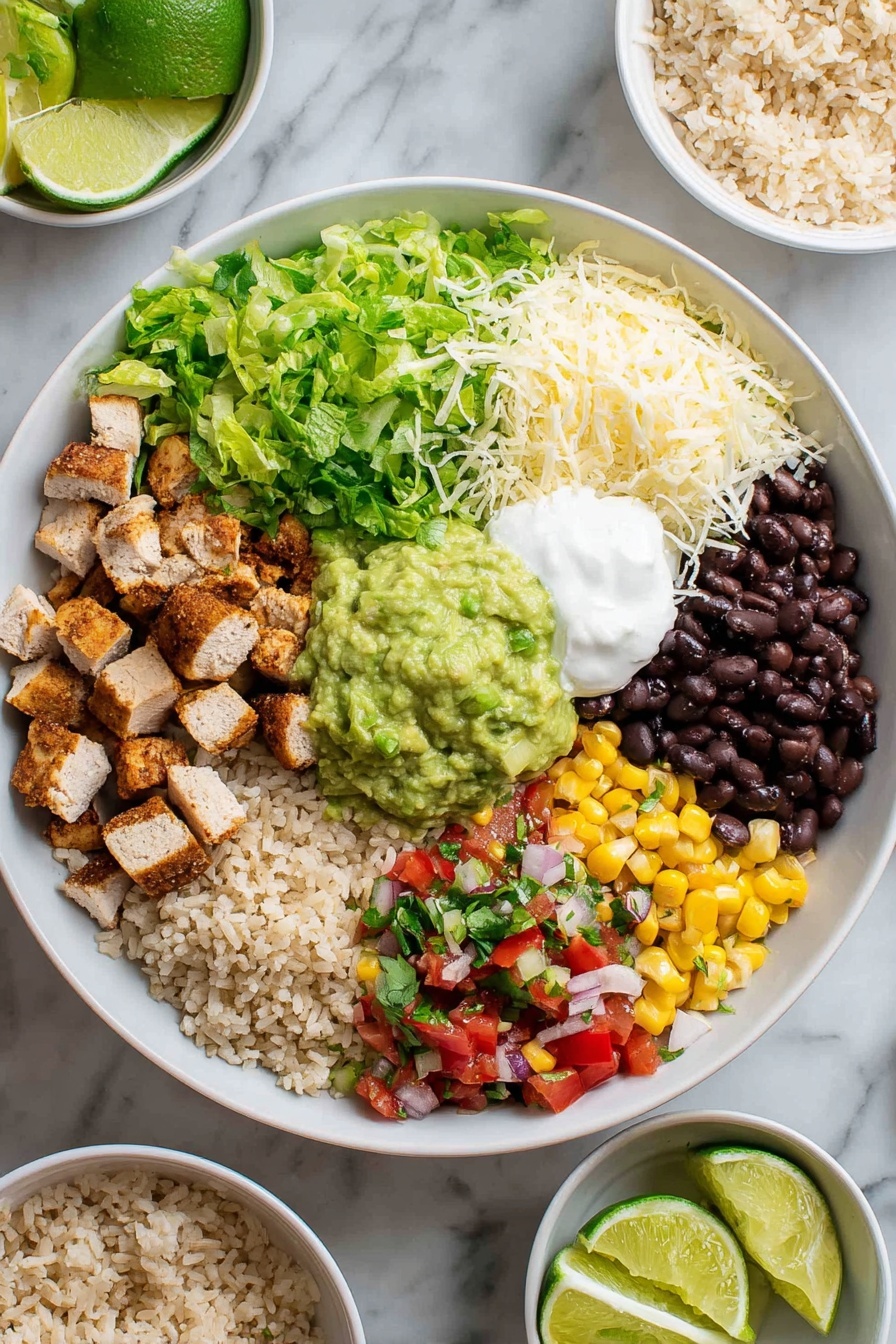 Copycat Chipotle Burrito Bowl Recipe 6 The image shows a white bowl filled with seven distinct layers arranged from bottom to top: the base layer is light brown rice spread evenly, topped on one side with finely chopped fresh green lettuce; next to the lettuce are small cubes of browned grilled chicken. There is a mound of shredded white cheese partly overlapping the lettuce. Below the cheese, there is a pile of shiny black beans, next to two fresh lime wedges with bright green skin. Adjacent to the lime wedges is a vivid layer of yellow corn mixed with small bits of red onion and diced tomatoes, forming a colorful salsa. On top of this salsa, there is a large dollop of green guacamole, which looks creamy and chunky with visible cilantro pieces. Next to the guacamole, a white thick sour cream scoop sits close to the chicken. The bowl sits on a white marbled surface, with other bowls of similar ingredients around it. photo taken with an iphone --ar 2:3 --v 7 - Copycat Chipotle Burrito Bowl, homemade burrito bowl, Chipotle style meal, Mexican-inspired bowl recipe, easy burrito bowl