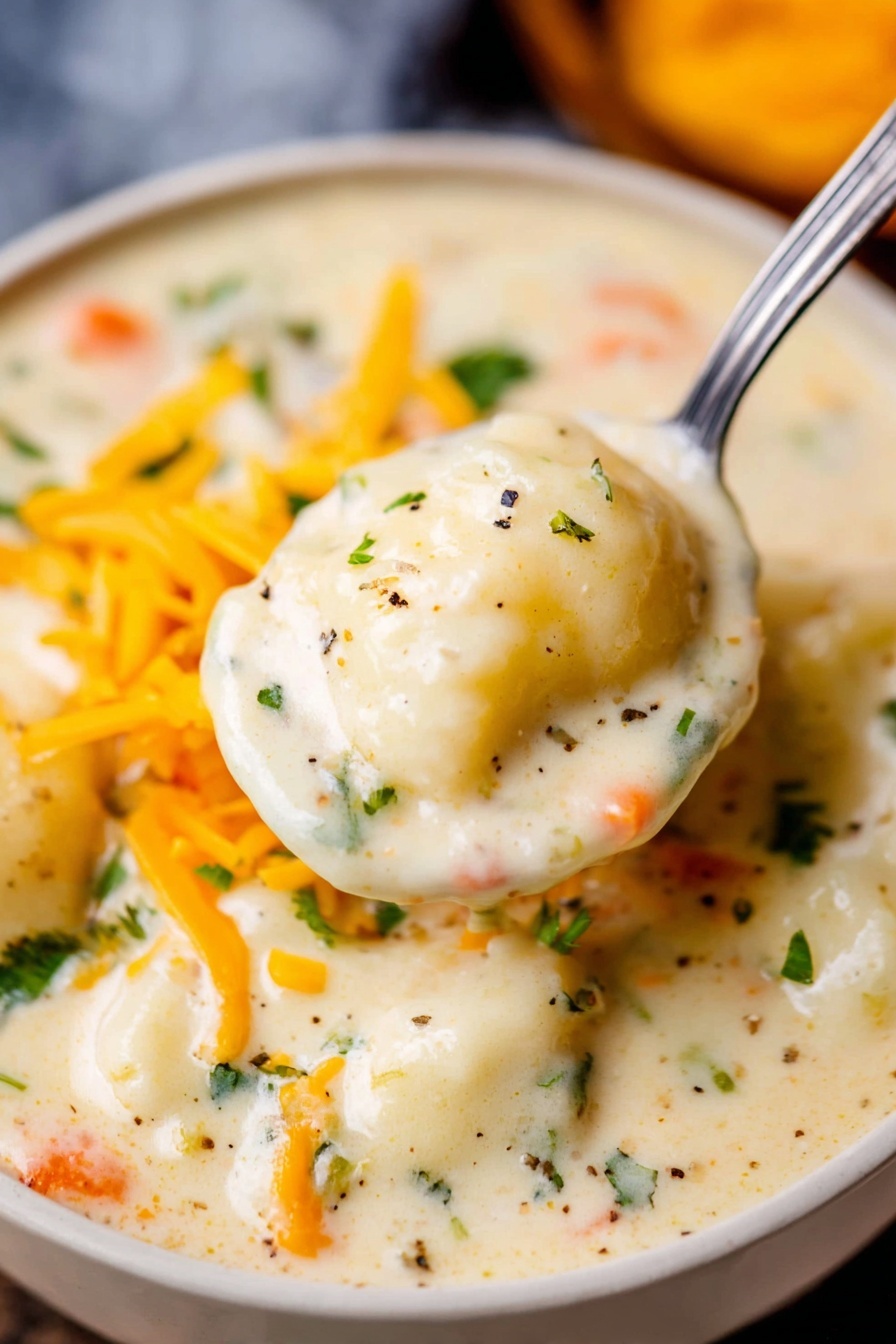 Creamy Potato Soup with White Sauce Recipe 6 A close-up of a creamy thick white soup full of soft dumplings and small pieces of orange carrots, green herbs, and shredded bright yellow cheese scattered on top. A white spoon lifts a scoop of the smooth soup, showing its rich texture with small black pepper specks and bits of vegetables inside. The soup fills a white bowl, with a blurred white marbled surface in the background. Photo taken with an iphone --ar 2:3 --v 7 - Creamy Potato Soup with White Sauce, comforting potato soup, velvety potato soup recipe, easy creamy potato soup, white sauce potato soup