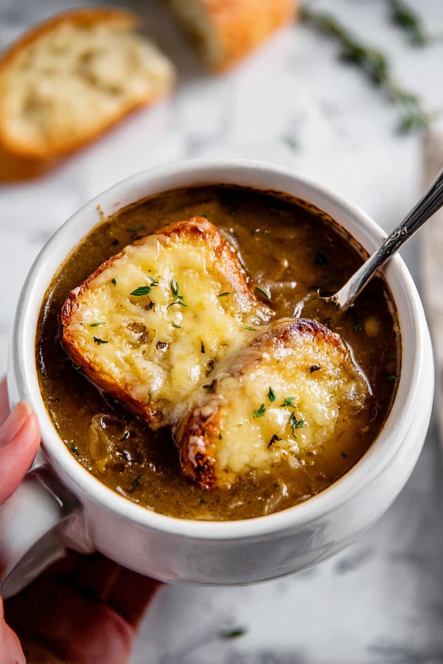 Homemade French Onion Soup Recipe 6 A white ceramic bowl holding thick brown onion soup filled with visible cooked onions and herbs, topped with two rectangular slices of melted golden-brown cheese toasted to a slightly crispy texture; a silver spoon is resting inside the bowl on the right side, while a woman's hand is holding the bowl by its handle on the left side; in the blurred background, there is a piece of bread resting on a white marbled surface photo taken with an iphone --ar 2:3 --v 7 - Homemade French Onion Soup, French Onion Soup recipe, caramelized onion soup, easy French onion soup, comforting French onion soup