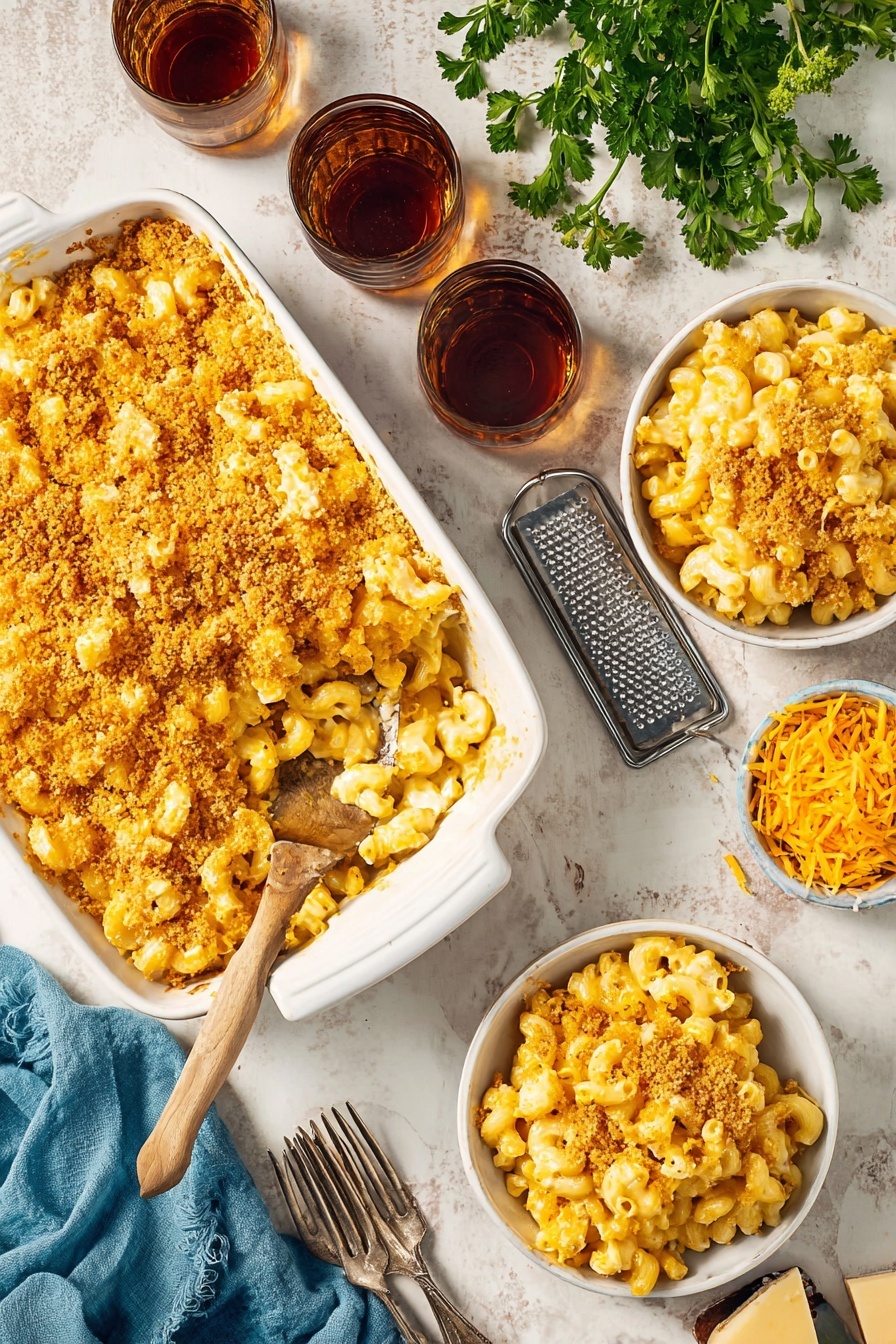 Creamy Mac and Cheese Casserole Recipe 8 A white baking dish filled with creamy macaroni and cheese topped with a golden brown crispy breadcrumb layer, the cheese sauce visible in places under the crust; next to it are two white bowls each holding a serving of the same macaroni and cheese with a crispy breadcrumb topping. The macaroni is elbow-shaped with a rich yellow-orange cheese sauce coating, and the breadcrumb topping is evenly browned. Surrounding the dishes are two glasses of dark amber drink, a pile of fresh green parsley, a blue cloth napkin, three vintage silver forks, and a metal grater with shredded orange cheddar cheese on a white marbled surface. A wooden spoon is resting inside the baking dish. photo taken with an iphone --ar 2:3 --v 7 - Creamy Mac and Cheese Casserole, cheesy baked pasta, easy comfort food recipes, kid-friendly dinner ideas, homemade mac and cheese