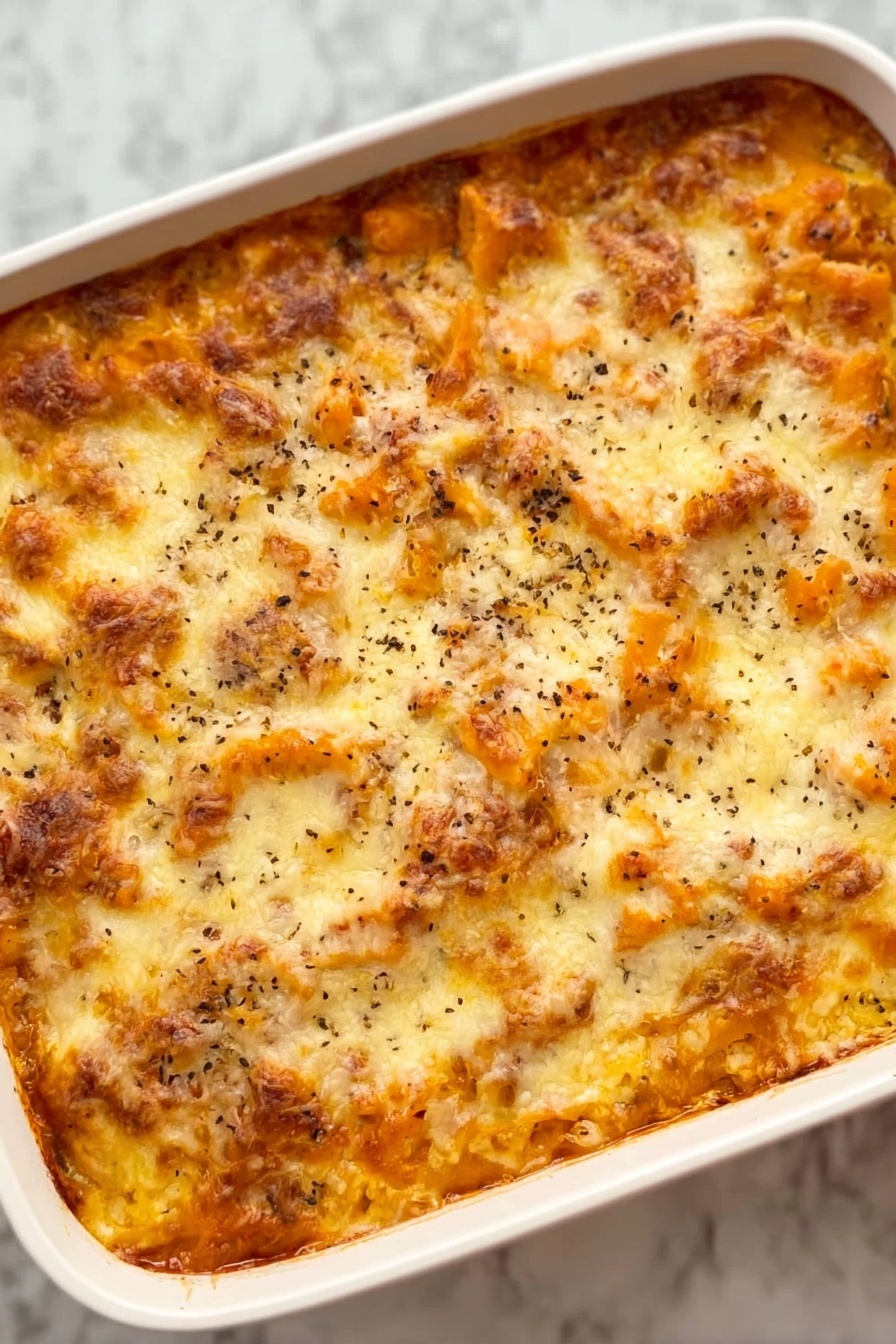 Cheesy Baked Tortellini Casserole with Meat Sauce Recipe 8 The dish shows a white rectangular baking pan filled with a cheesy casserole. The top layer is golden brown melted cheese with some darker toasted spots and sprinkled with small black seeds or spices. Underneath the cheese, you can see an uneven mix of orange and light brown chunky ingredients, suggesting cooked vegetables or meat mixed with sauce. The casserole has a soft texture with some bubbling edges visible around the white pan. It sits on a white marbled surface. photo taken with an iphone --ar 2:3 --v 7 - Cheesy Baked Tortellini with Meat Sauce, cheesy baked tortellini casserole, easy tortellini bake recipe, comfort food pasta dish, hearty meat and cheese pasta