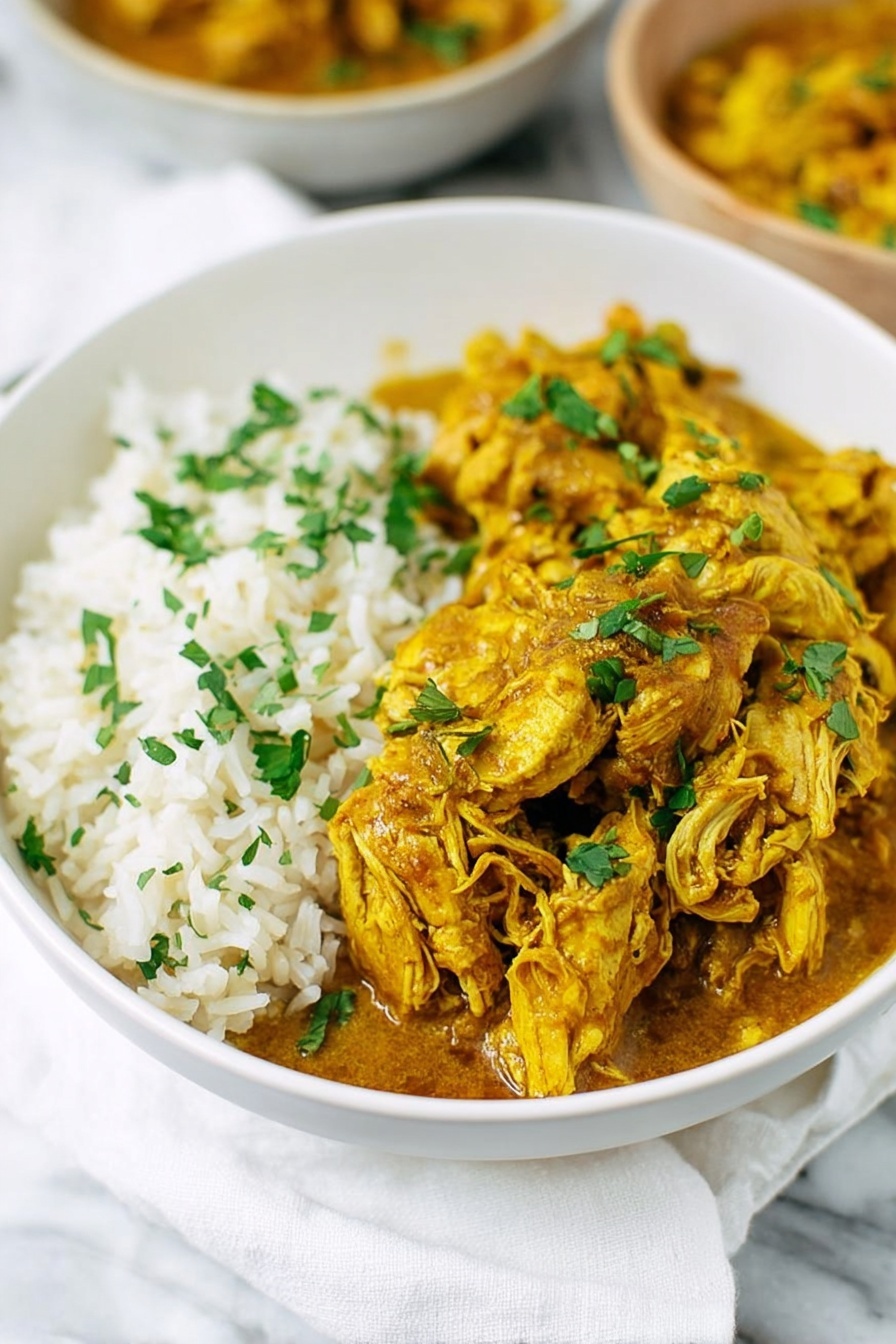 Easy Slow Cooker Chicken Curry Recipe 6 A white bowl holds two main layers: on one side, long-grain white rice with a soft texture, and on the other side, pieces of curried chicken in a rich yellow-orange sauce. The chicken pieces look tender and lightly shredded, covered with the sauce that has small bits of onions. Fresh green chopped herbs are sprinkled on top of the chicken and a few over the rice, adding a pop of color. The background has a white marbled surface, with a white cloth napkin under the bowl, and blurred bowls of food in the back. photo taken with an iphone --ar 2:3 --v 7 - Easy Slow Cooker Chicken Curry, chicken curry in slow cooker, simple chicken curry recipe, beginner-friendly curry dish, hearty slow cooker dinner