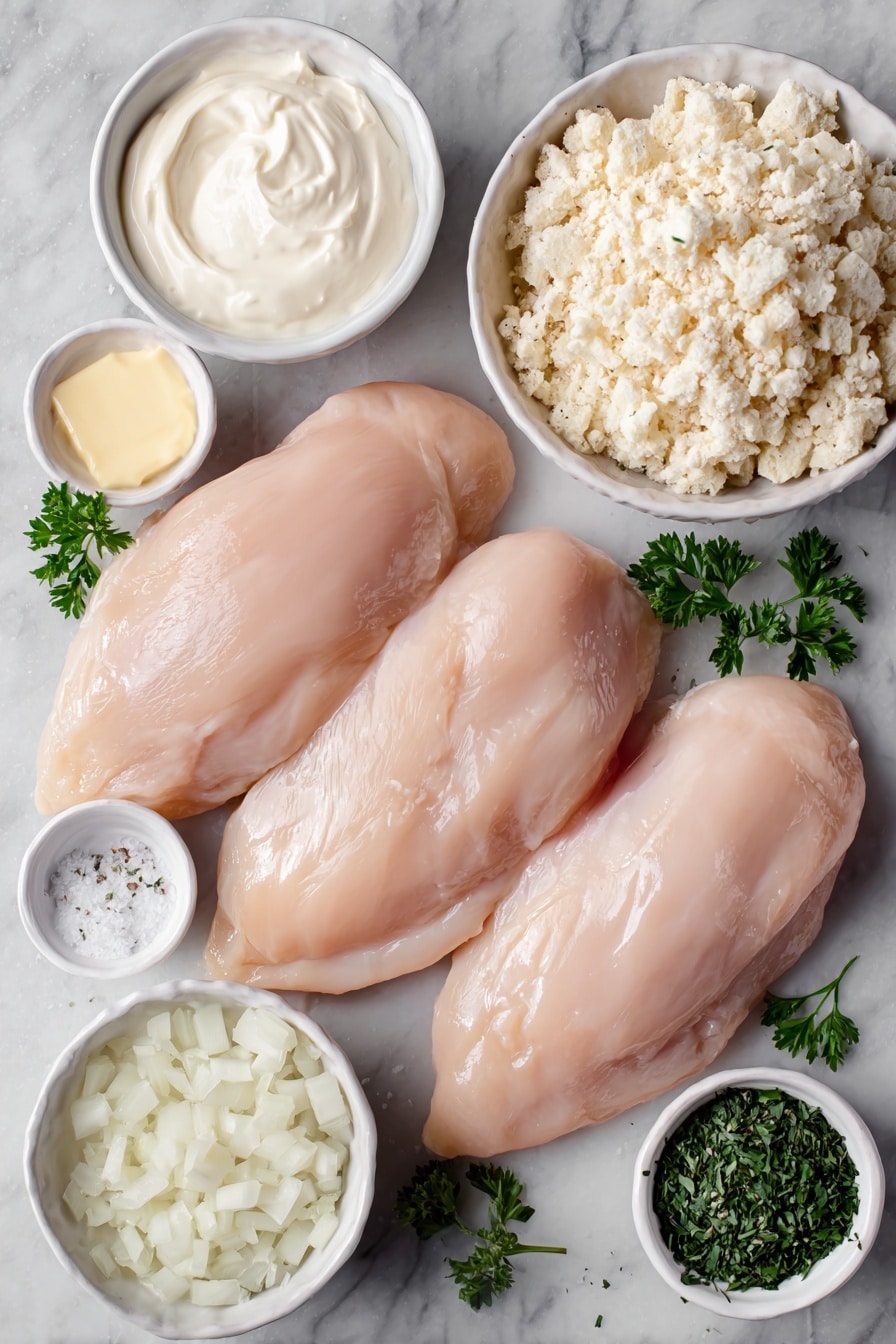 Crockpot Chicken and Stuffing Recipe 7 Flat lay of four raw boneless skinless chicken breasts, two small white ceramic bowls—one with creamy condensed chicken soup, one with smooth sour cream, a small white ceramic bowl with finely diced white onion, a small white ceramic bowl with dried parsley flakes, a neat pile of dry chicken stuffing mix directly on the white surface, a small white ceramic bowl holding melted salted butter, and a few fresh sprigs of bright green parsley arranged symmetrically, all placed on a clean white marble surface, soft natural light, photo taken with an iPhone, professional food photography style, fresh ingredients, white ceramic bowls, no bottles, no duplicates, no utensils, no packaging --ar 2:3 --v 7 --p m7354615311229779997 - Crockpot Chicken and Stuffing, easy slow cooker dinner, comforting chicken casserole, family-friendly slow cooker meal, simple chicken and stuffing recipe