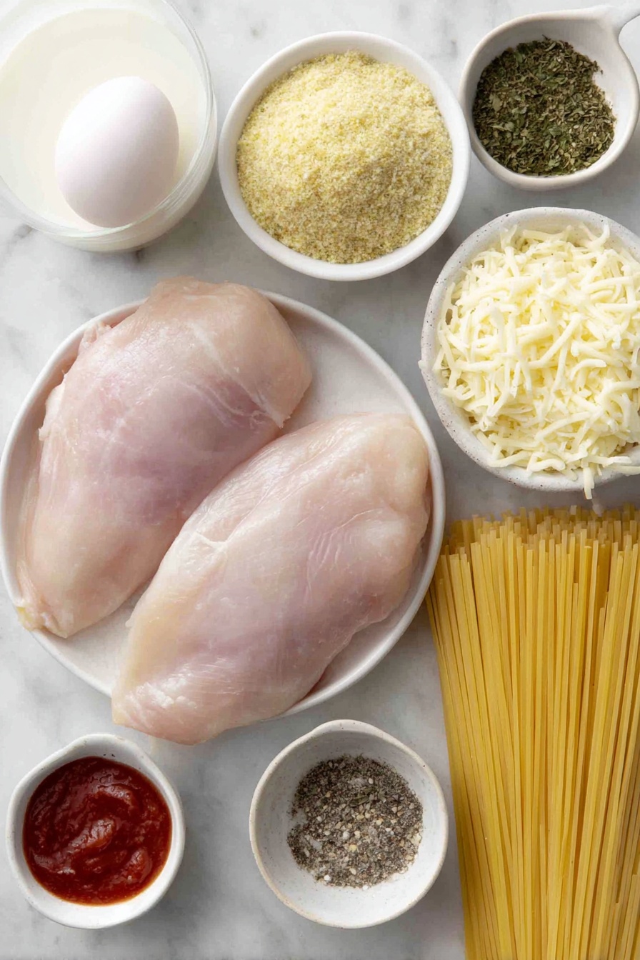 Crock Pot Chicken Parmesan Recipe 7 Flat lay of three boneless, skinless chicken breasts, a small mound of Italian seasoned panko bread crumbs, one large whole uncracked egg, a small white bowl filled with milk, a small white bowl with dried oregano, a small white bowl with dried basil, a small white bowl with garlic powder, a small white bowl containing vegetable oil, a small white bowl with shredded mozzarella cheese, a small white bowl with shredded Parmesan cheese, a small white bowl with marinara sauce, a bunch of uncooked spaghetti noodles neatly arranged, and two small white bowls with salt and black pepper placed symmetrically, all on simple white ceramic bowls and dishes, placed on a clean white marble surface, soft natural light, photo taken with an iPhone, professional food photography style, fresh ingredients, white ceramic bowls, no bottles, no duplicates, no utensils, no packaging --ar 2:3 --v 7 --p m7354615311229779997 - Crock Pot Chicken Parmesan, Crock Pot Chicken Parmesan recipe, easy slow cooker chicken parmesan, homemade chicken parmesan, slow cooker Italian chicken