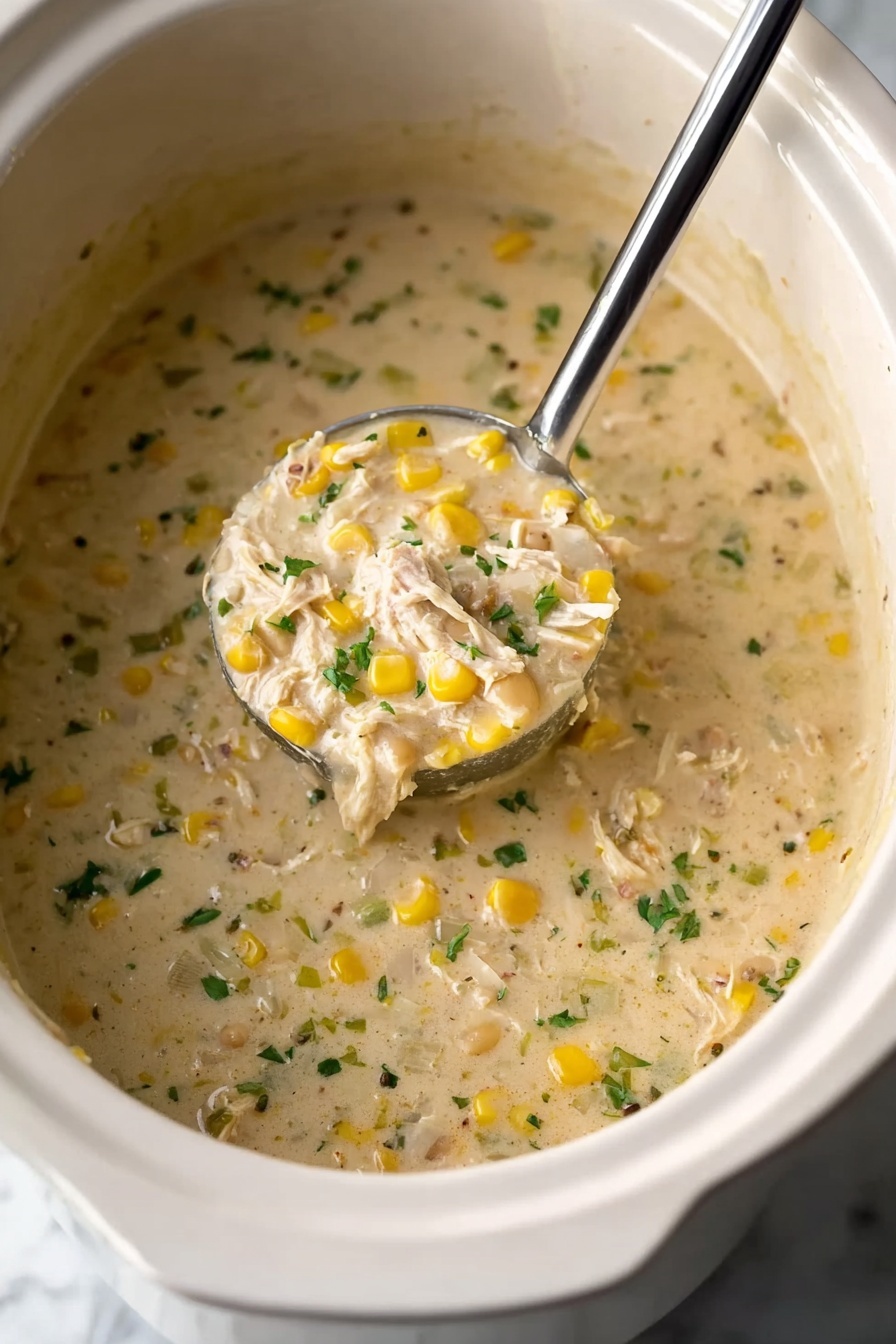 Creamy Crockpot White Chicken Chili Recipe 6 The image shows a close-up of a white slow cooker filled with creamy soup that has a light beige color with visible pieces of white beans, yellow corn, and shredded chicken. Small green herbs are scattered across the soup, adding a touch of color. A metal ladle is scooping some of the soup, showing a thick texture with the ingredients well mixed. The white marbled surface is visible under the slow cooker. photo taken with an iphone --ar 2:3 --v 7 - Creamy Crockpot White Chicken Chili, white chicken chili, slow cooker chicken chili, easy white chicken chili, comforting chicken chili