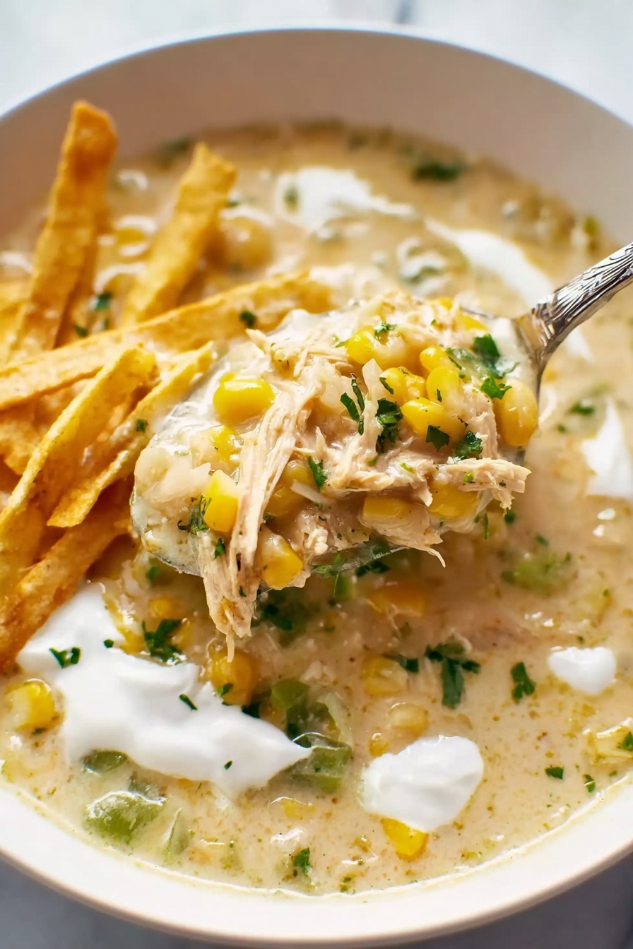 Creamy Crockpot White Chicken Chili Recipe 8 A close-up view shows a spoon lifting a creamy, thick soup filled with visible yellow corn kernels, white beans, small green chili pieces, and shredded light-colored meat, probably chicken, all mixed together in a smooth beige broth. The soup is served in a white bowl, with golden crunchy tortilla strips placed on one side of the bowl and small dollops of white sour cream next to them. The surface underneath the bowl is white marble. The image is bright and sharp, focusing on the rich texture and fresh ingredients of the soup. Photo taken with an iphone --ar 2:3 --v 7 - Creamy Crockpot White Chicken Chili, white chicken chili, slow cooker chicken chili, easy white chicken chili, comforting chicken chili