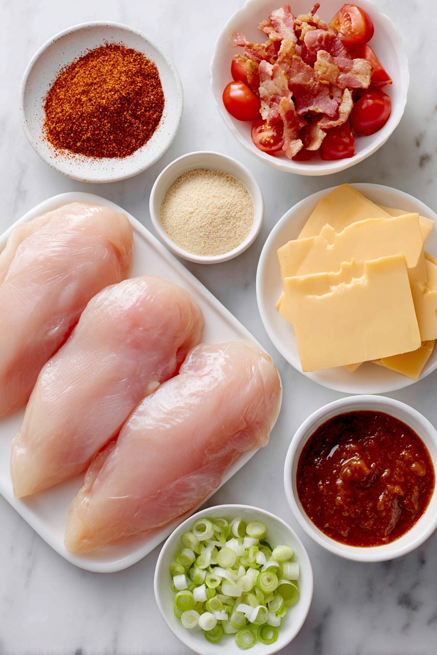 Crock Pot Monterey Chicken Recipe 7 Flat lay of four raw boneless skinless chicken breasts, a small white bowl of bright red smoky paprika powder, a small white bowl of pale beige garlic powder, a small white bowl of light tan onion powder, a small white bowl of coarse black pepper, a small white bowl of fine sea salt, a small white bowl filled with glossy deep reddish-brown BBQ sauce, a small white bowl with drained diced tomatoes with green chiles, four crisp cooked bacon slices crumbled artfully, four rectangular slices of creamy pale yellow colby jack cheese, one ripe red tomato diced, and four fresh green onions sliced, all arranged in perfect symmetry on simple white ceramic dishes, placed on a clean white marble surface, soft natural light, photo taken with an iPhone, professional food photography style, fresh ingredients, white ceramic bowls, no bottles, no duplicates, no utensils, no packaging --ar 2:3 --v 7 --p m7354615311229779997 - Crock Pot Monterey Chicken, slow cooker Monterey chicken, cheesy chicken crock pot, easy Monterey chicken recipe, smoky chicken dinner