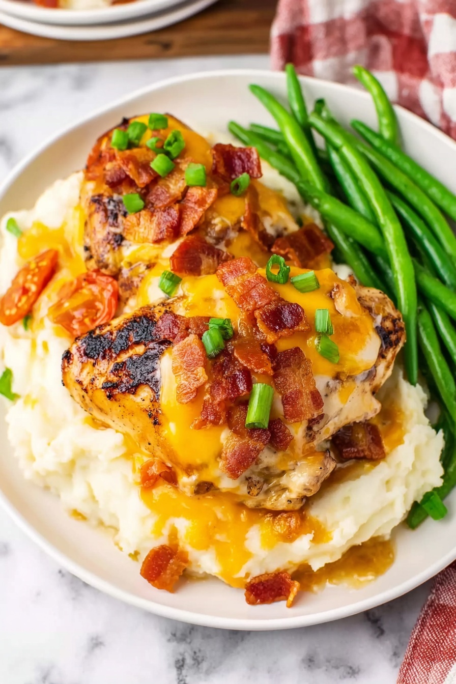 Crock Pot Monterey Chicken Recipe 6 On a white plate placed on a white marbled surface, there is a base layer of smooth, creamy mashed potatoes colored pale off-white. On top of the mashed potatoes are two grilled chicken pieces with golden-brown, slightly charred skin. The chicken is covered with a generous layer of melted yellow and white cheese, which looks soft and slightly stretchy. Scattered over the cheese are small pieces of red tomato and crispy bacon bits, along with chopped bright green onions for a fresh touch. Alongside the chicken and potatoes, there are whole, vibrant green beans arranged neatly on one side of the plate. The image is well lit and clear, showing the textures vividly. Photo taken with an iphone --ar 2:3 --v 7 - Crock Pot Monterey Chicken, slow cooker Monterey chicken, cheesy chicken crock pot, easy Monterey chicken recipe, smoky chicken dinner