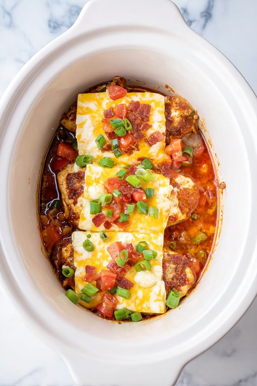Crock Pot Monterey Chicken Recipe 8 Inside a white slow cooker, there are several browned cooked chicken pieces arranged at the bottom covered with a reddish sauce. On top of the chicken, there are three square slices of melted yellow and white cheese with small bits of crispy brown bacon and diced red tomatoes scattered over them. Fresh green chopped onions are sprinkled around the cheese and chicken, adding a pop of color. The slow cooker sits on a white marbled surface. photo taken with an iphone --ar 2:3 --v 7 - Crock Pot Monterey Chicken, slow cooker Monterey chicken, cheesy chicken crock pot, easy Monterey chicken recipe, smoky chicken dinner