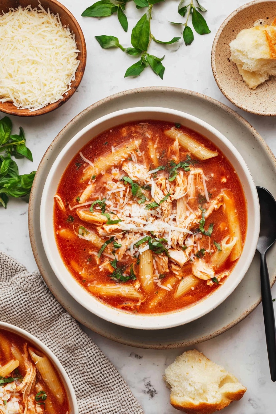 Chicken Parmesan Soup Recipe 6 The image shows a white bowl filled with pasta soup on a light gray plate, placed on a white marbled surface. The dish has two main layers: at the bottom, a thick red tomato broth with visible pieces of penne pasta and shredded chicken, while on top, a layer of shredded white cheese and small bright green basil leaves are scattered evenly across the soup. Around the bowl, there is a small wooden bowl with more shredded cheese, a small beige bowl with grated cheese and a black spoon, a piece of torn bread, and green leafy herbs spread on the surface. The overall look is warm and comforting with a bright contrast of colors. photo taken with an iphone --ar 2:3 --v 7 - Chicken Parmesan Soup, Chicken Parmesan Soup recipe, hearty chicken soup with cheese, cheesy comfort soup, easy chicken parmesan soup