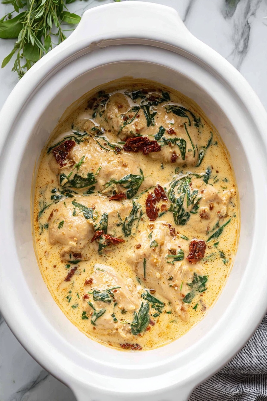 Creamy Tuscan Chicken in Crockpot Recipe 8 Inside a white slow cooker, there are several pieces of light brown cooked chicken covered in a thick creamy sauce that is pale yellow with orange hints and specks of herbs. Scattered throughout the sauce are bright green leafy spinach pieces and chunks of dark red sun-dried tomatoes. The sauce looks smooth and rich, softly filling the space between the chicken pieces. The slow cooker sits on a white marbled surface with some fresh green herbs partly visible in the top left corner and a gray striped cloth in the bottom right. photo taken with an iphone --ar 2:3 --v 7 - Creamy Tuscan Chicken, Crockpot Tuscan Chicken, Easy Creamy Chicken Dinner, Slow Cooker Tuscan Chicken, Flavorful Chicken Recipes