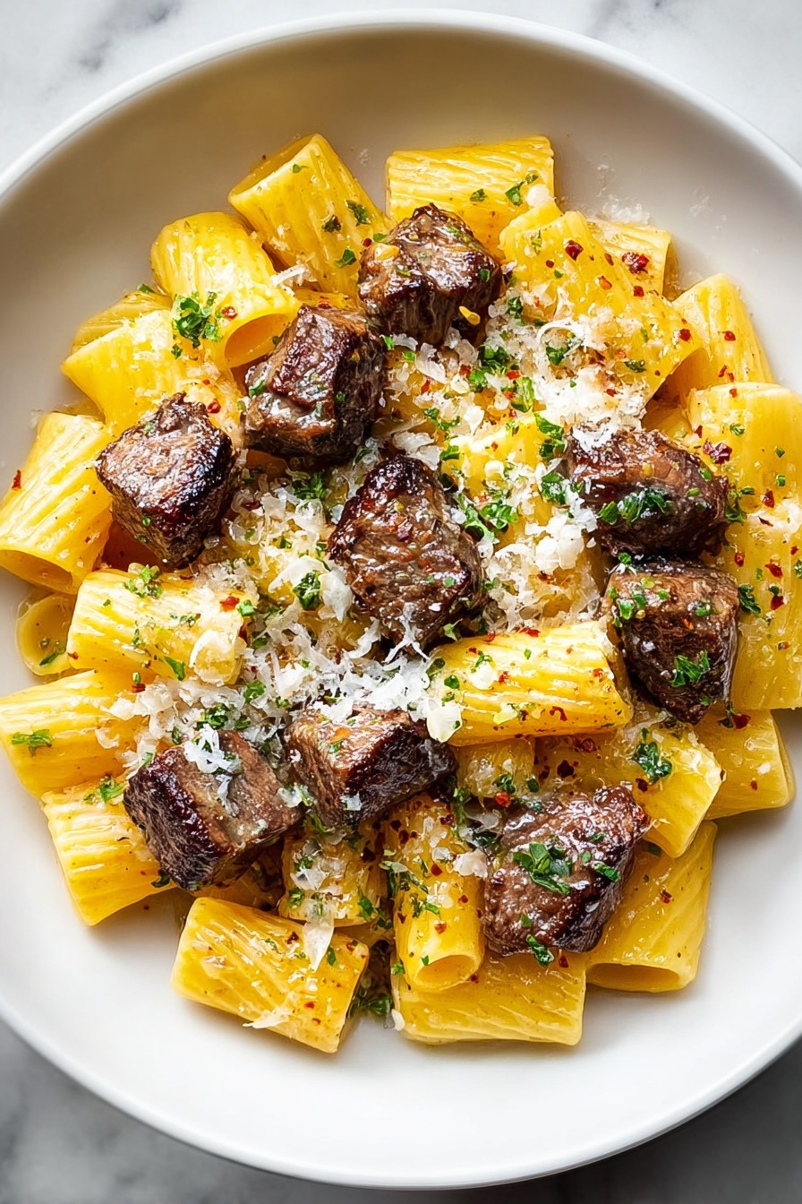 Cajun Steak Tips with Cheesy Rigatoni Recipe 6 A white bowl filled with pasta and pieces of cooked meat is on a white marbled surface. The pasta is rigatoni, bright yellow with a glossy texture, filling the bottom layer of the bowl. On top, there are several dark brown, seared meat chunks, showing a slightly crispy outside and tender texture inside. The dish is sprinkled with finely grated white cheese and small bits of green herbs, adding a light contrast of color. Some parts of the pasta and meat have a light dusting of red spices. photo taken with an iphone --ar 2:3 --v 7 - Cajun Steak Tips with Cheesy Rigatoni, Cajun Steak Tips, Cheesy Rigatoni, Cajun Steak Tips recipe, easy Cajun pasta dish