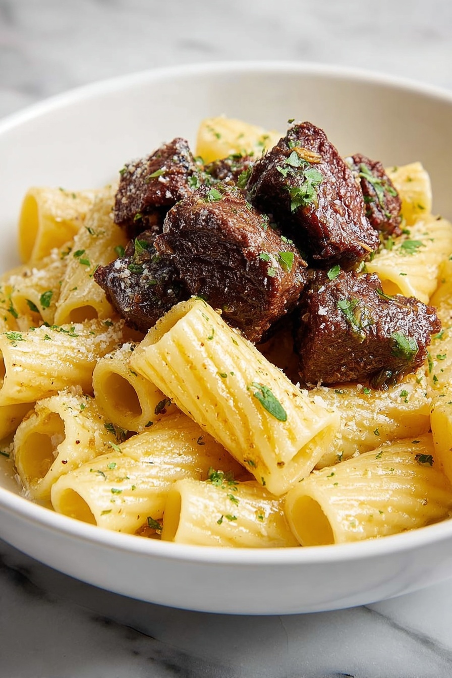 Cajun Steak Tips with Cheesy Rigatoni Recipe 8 A white bowl filled with about two layers of rigatoni pasta, each pasta piece pale yellow with a smooth texture and lightly coated in a shiny sauce. On top, there is one layer of thick, dark brown cubes of cooked meat, with a slightly crispy outside and garnished with small green herb pieces. The pasta also has a sprinkling of grated cheese and small green herbs scattered around. The bowl sits on a white marbled surface. Photo taken with an iphone --ar 2:3 --v 7 - Cajun Steak Tips with Cheesy Rigatoni, Cajun Steak Tips, Cheesy Rigatoni, Cajun Steak Tips recipe, easy Cajun pasta dish