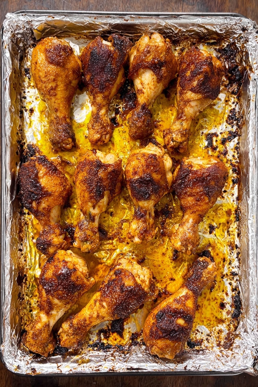 Crispy Baked Chicken Legs Recipe 6 A metal oven tray lined with crinkled silver foil holds fourteen baked chicken drumsticks. The drumsticks are arranged in rows with some space between them, showing golden-brown crispy skin with darker charred spots and a slightly rough texture. The tray surface has patches of yellowish-orange oil and browned burnt bits around the drumsticks. The outside edges of the tray have some greasy, dark browned spots. photo taken with an iphone --ar 2:3 --v 7 - Crispy Baked Chicken Legs, baked chicken drumsticks, crispy baked chicken, oven roasted chicken legs, easy baked chicken recipe