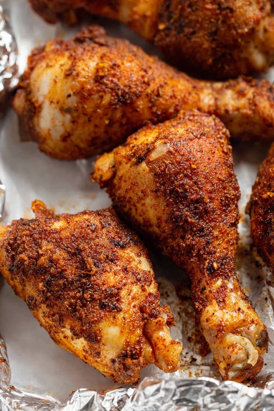 Crispy Baked Chicken Legs Recipe 8 The image shows several pieces of cooked chicken drumsticks on a white marbled surface covered with crinkled foil. Each drumstick is coated with a dry, brown spice rub giving a textured appearance with dark reddish-brown and orange colors. The chicken skin looks crispy and slightly oily, with some lighter areas where the spice coating is thinner. The pieces are placed close to each other, filling most of the frame, and the foil beneath them has shiny folds and creases catching the light. Photo taken with an iphone --ar 2:3 --v 7 - Crispy Baked Chicken Legs, baked chicken drumsticks, crispy baked chicken, oven roasted chicken legs, easy baked chicken recipe