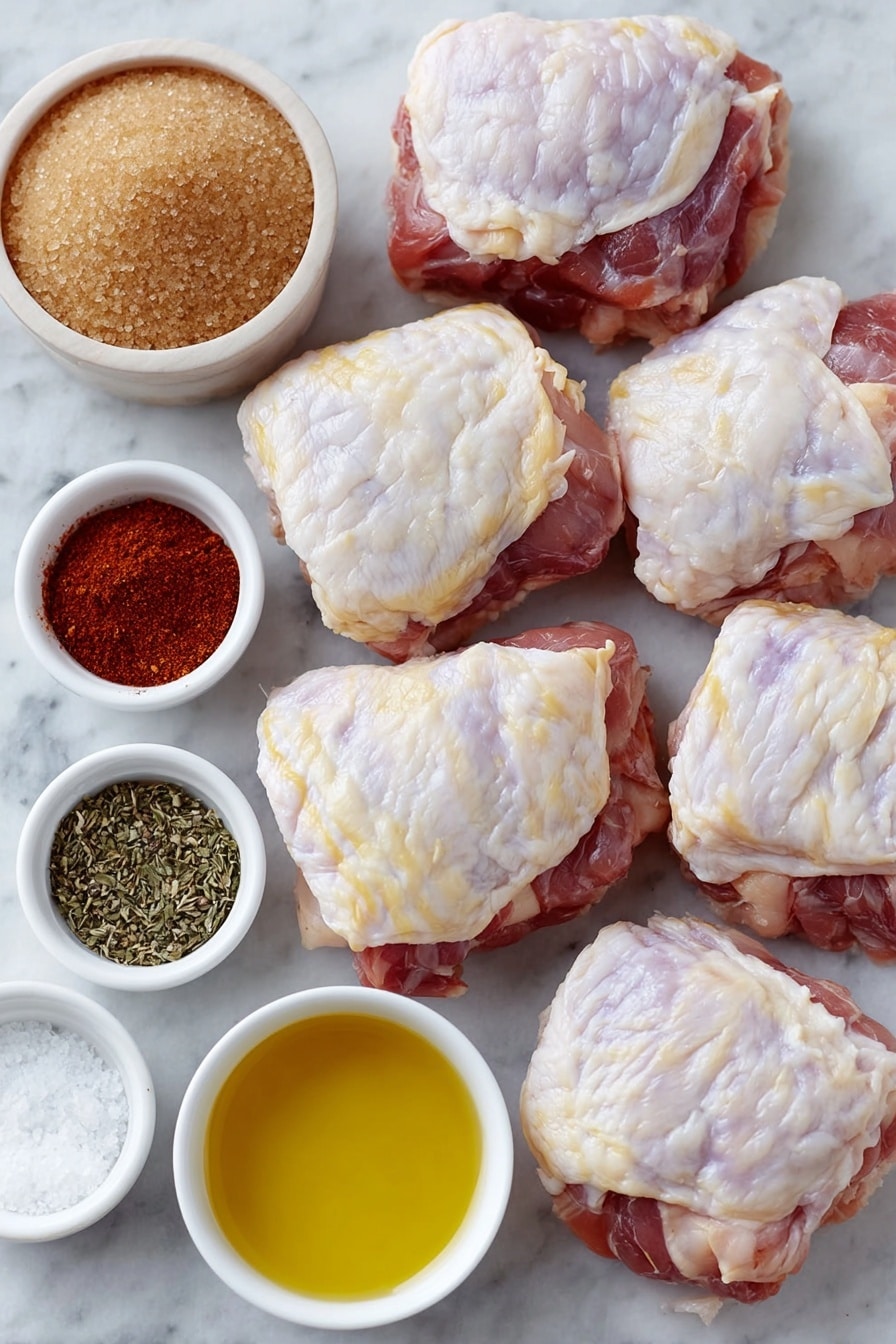 Oven Baked Chicken Thighs with Spices Recipe 7 Flat lay of six boneless skinless chicken thighs, a small white bowl of brown sugar, a small white bowl of smoked paprika powder, a small white bowl of chili powder, a small white bowl of garlic powder, a small white bowl of onion powder, a small white bowl of dried thyme, a small white bowl of kosher salt, a small white bowl of ground black pepper, a small white bowl filled with golden avocado oil, placed on a clean white marble surface, soft natural light, photo taken with an iPhone, professional food photography style, fresh ingredients, white ceramic bowls, no bottles, no duplicates, no utensils, no packaging --ar 2:3 --v 7 --p m7354615311229779997 - Oven Baked Chicken Thighs with Spices, spicy baked chicken thighs, easy baked chicken recipe, flavorful chicken thigh dinner, quick weeknight chicken