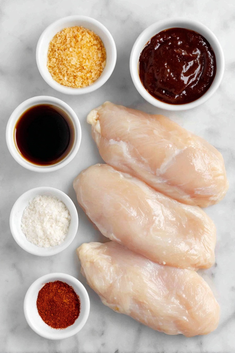 Crockpot BBQ Chicken Recipe 7 Flat lay of four fresh boneless skinless chicken breasts arranged neatly, a small white bowl filled with rich, glossy homemade BBQ sauce, a small white bowl holding light brown granulated brown sugar, a small white bowl containing vibrant reddish chili powder, a small white bowl with fine pale beige onion powder, a small white bowl with off-white garlic powder, and a small white bowl with dark brown Worcestershire sauce, all placed in perfect symmetry on a clean white marble surface, soft natural light, photo taken with an iPhone, professional food photography style, fresh ingredients, white ceramic bowls, no bottles, no duplicates, no utensils, no packaging --ar 2:3 --v 7 --p m7354615311229779997 - Crockpot BBQ Chicken, slow cooker BBQ chicken, easy BBQ chicken recipe, tender shredded chicken, flavorful crockpot chicken