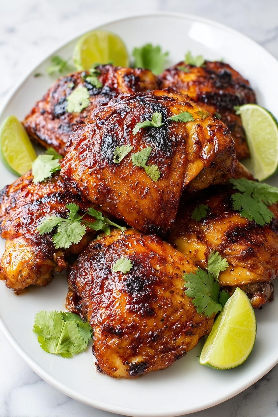 Easy Pollo Asado Recipe 8 A white oval plate holds a stack of six grilled chicken thighs, each with crispy, shiny brown skin showing charred spots and a textured surface. The chicken pieces are placed in a loose pile, overlapping each other. Around the chicken, there are several small lime wedges with bright green skin and pale green flesh, along with fresh green cilantro leaves scattered on top and beside the chicken. The plate rests on a white marbled surface. photo taken with an iphone --ar 2:3 --v 7 - Easy Pollo Asado, flavorful chicken marinade, grilled chicken recipe, oven roasted pollo asado, quick chicken dinner