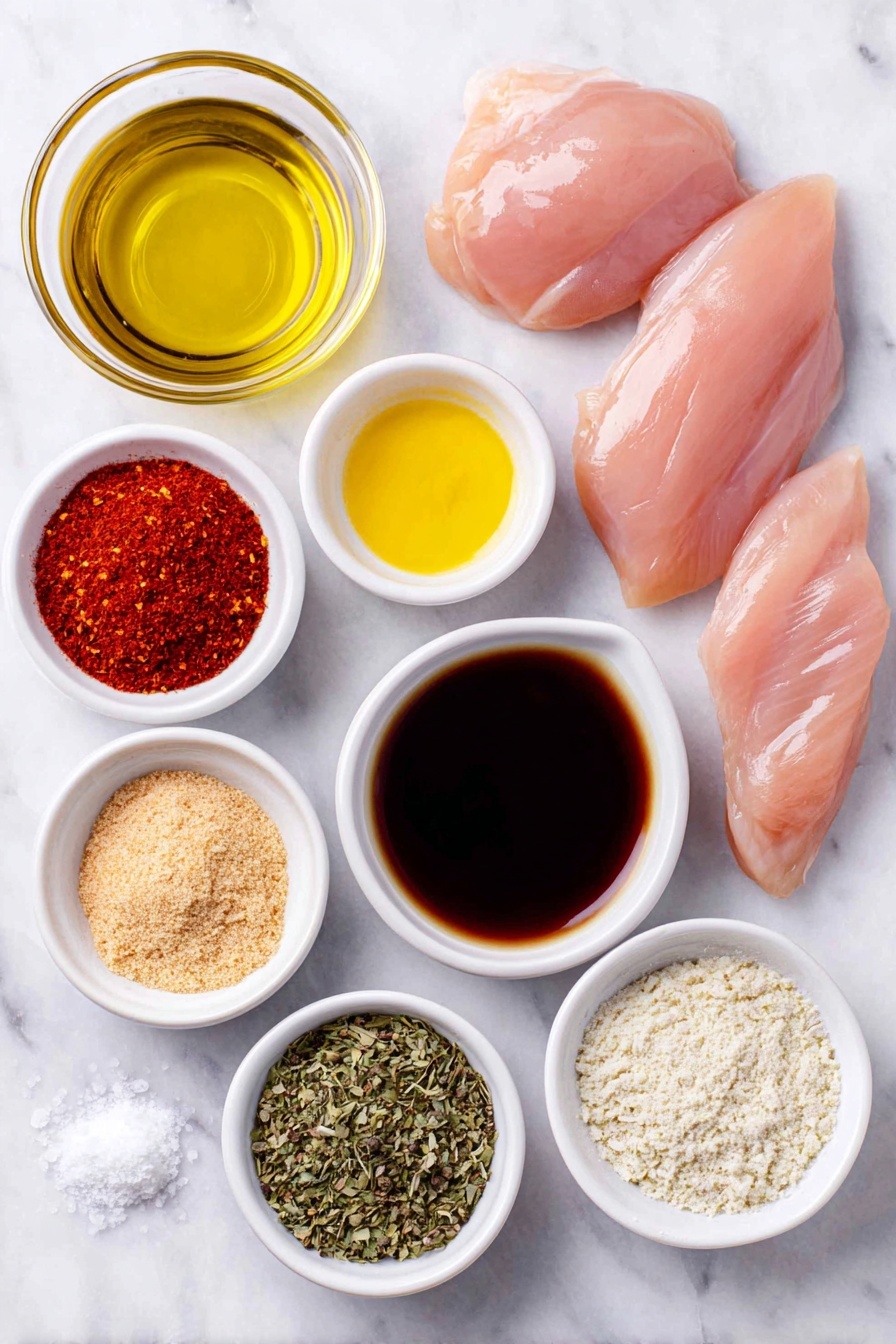 Juicy Grilled Chicken Marinade Recipe 7 Flat lay of boneless skinless chicken breasts, a small white ceramic bowl of golden olive oil, a small white ceramic bowl of bright yellow lemon juice, a small white ceramic bowl of dark brown soy sauce, a small white ceramic bowl of deep reddish-brown balsamic vinegar, a small white ceramic bowl of light brown granulated brown sugar, a small white ceramic bowl of smooth pale yellow Dijon mustard, small piles of light beige onion powder and garlic powder, small piles of white salt, dried green basil, dried green oregano, dried green thyme, bright red paprika, coarse black pepper, and vibrant red pepper flakes, all arranged symmetrically on a clean white marble surface, soft natural light, photo taken with an iPhone, professional food photography style, fresh ingredients, white ceramic bowls, no bottles, no duplicates, no utensils, no packaging --ar 2:3 --v 7 --p m7354615311229779997 - Juicy Grilled Chicken Marinade, grilled chicken marinade recipe, best grilled chicken marinade, chicken marinade for grilling, flavorful chicken marinade