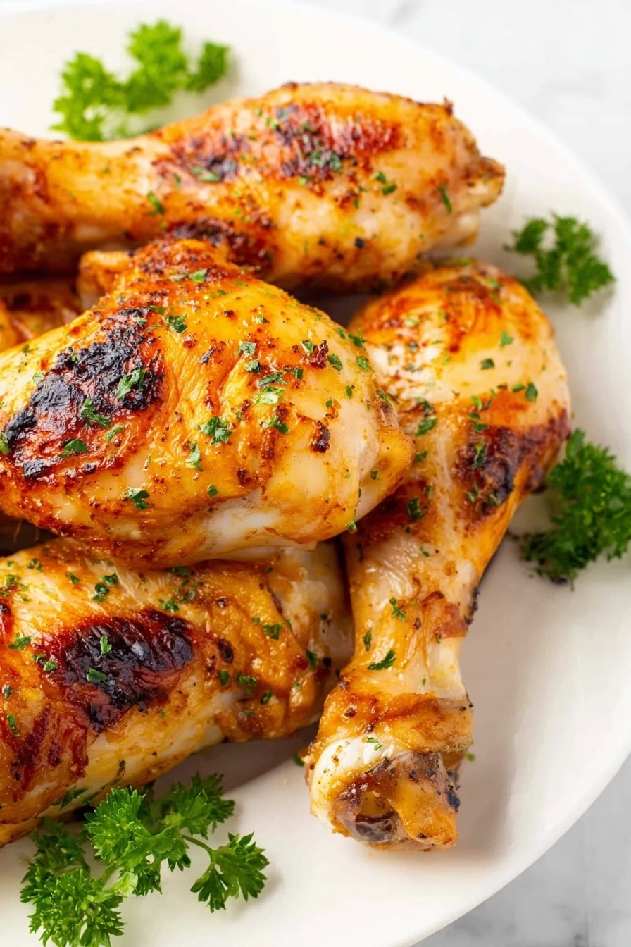 Crispy Oven-Baked Chicken Legs Recipe 6 The image shows several cooked drumsticks stacked on a white plate, each drumstick having a golden-brown crispy skin with hints of darker grill marks. The drumsticks are sprinkled with small green parsley flakes, adding fresh color texture. Near the bottom left of the plate, there are sprigs of fresh parsley, adding a vibrant green touch. The plate sits on a white marbled surface, creating a clean and bright background. photo taken with an iphone --ar 2:3 --v 7 - Crispy Oven-Baked Chicken Legs, oven-baked chicken legs, crispy chicken thighs, healthy baked chicken, easy chicken dinner