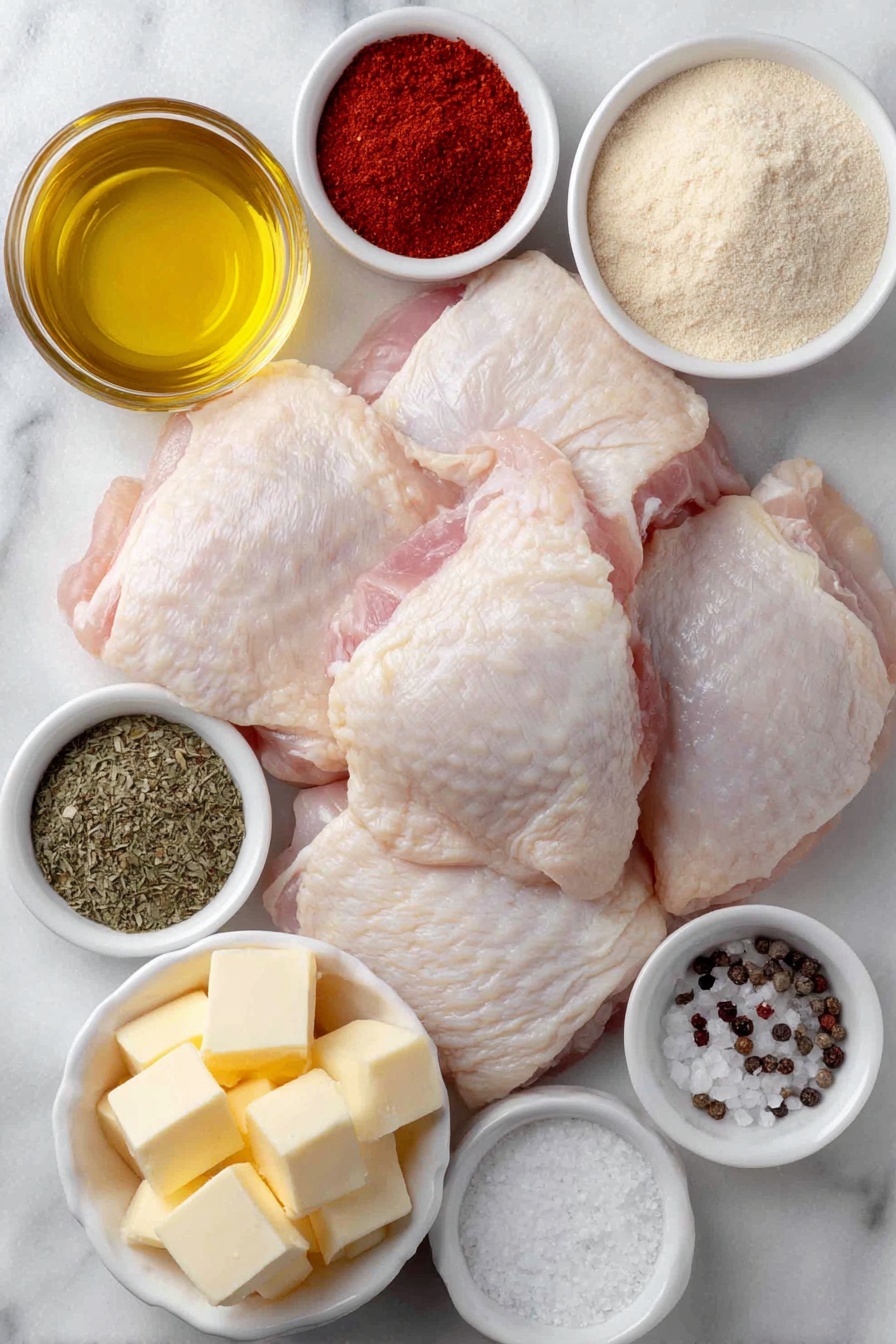 Oven Baked Chicken Thighs Recipe 7 Flat lay of fresh raw chicken thighs with smooth skin arranged neatly, a small white bowl of golden olive oil, a small white bowl filled with bright red ground paprika, a small white bowl of finely ground garlic powder, a small white bowl of pale beige onion powder, a small white bowl holding mixed Italian seasoning herbs in green and brown tones, a small white bowl of dried parsley flakes, a small white bowl of coarse white salt crystals, a small white bowl of cracked black peppercorns, and small cubes of pale yellow butter pieces, all placed symmetrically on a clean white marble surface, soft natural light, photo taken with an iPhone, professional food photography style, fresh ingredients, white ceramic bowls, no bottles, no duplicates, no utensils, no packaging --ar 2:3 --v 7 --p m7354615311229779997 - Oven Baked Chicken Thighs, crispy baked chicken thighs, juicy chicken thigh recipe, crispy skin chicken recipe, easy baked chicken thighs