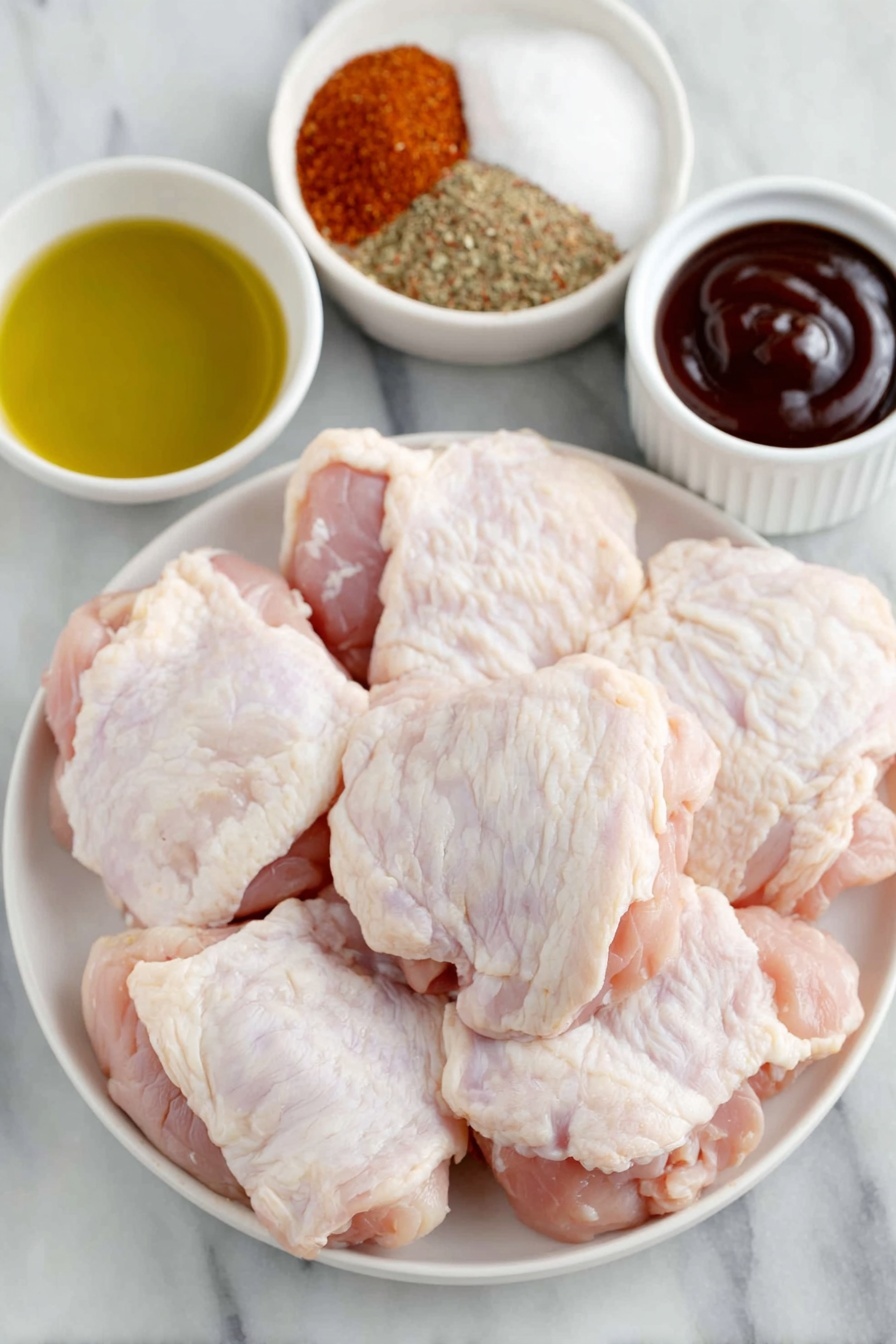 Oven BBQ Chicken Thighs Recipe 7 Flat lay of fresh boneless skinless chicken thighs arranged neatly beside a small white bowl of golden cooking oil, a small white bowl filled with dark rich barbecue sauce, a small white bowl of light brown granulated brown sugar, and a small white bowl containing a colorful spice mix of smoked paprika, chili powder, garlic powder, onion powder, ground black pepper, cinnamon, and salt, all placed symmetrically on a simple white ceramic plate, placed on a clean white marble surface, soft natural light, photo taken with an iPhone, professional food photography style, fresh ingredients, white ceramic bowls, no bottles, no duplicates, no utensils, no packaging --ar 2:3 --v 7 --p m7354615311229779997 - Oven BBQ Chicken Thighs, BBQ chicken recipe, grilled chicken thighs, easy chicken dinner, flavorful oven chicken