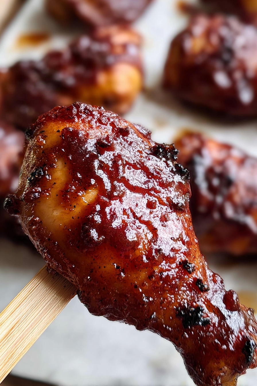 Oven BBQ Chicken Thighs Recipe 8 The image shows a close-up of a barbecue chicken drumstick with shiny, dark reddish-brown sauce on it. The skin looks cooked and slightly charred in some places, giving it a textured look with small black spots. The drumstick is held by a wooden stick that is light beige in color, positioned on the lower right side. In the blurry background, there are more pieces of barbequed chicken resting on a white marbled surface, some with sauce and some with a crispy look. photo taken with an iphone --ar 2:3 --v 7 - Oven BBQ Chicken Thighs, BBQ chicken recipe, grilled chicken thighs, easy chicken dinner, flavorful oven chicken