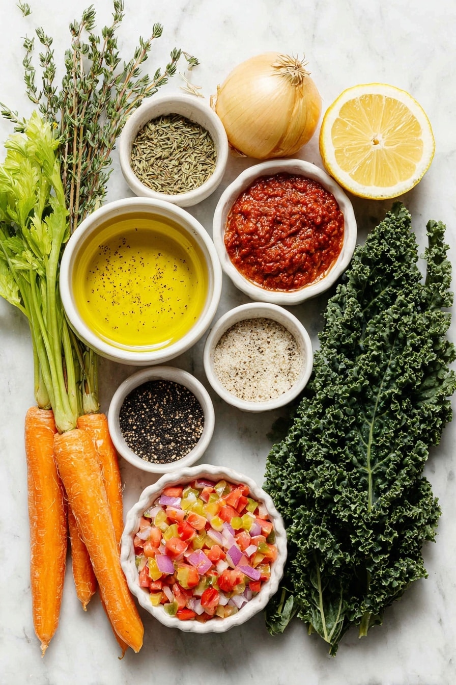 Mediterranean Lentil Soup Recipe 7 Flat lay of a small white ceramic bowl of extra virgin olive oil, a medium yellow onion whole and uncut, two medium fresh carrots with green tops, two fresh celery ribs, a small white ceramic bowl of thick red tomato paste, three garlic cloves whole with papery skins, small white ceramic bowls holding dried oregano, dried basil, dried thyme, and ground black pepper, a small pile of coarse kosher salt, a small white ceramic bowl filled with fire-roasted diced tomatoes, a small white ceramic bowl of green lentils, three dark green kale leaves stemmed and stacked, a whole lemon with one half cut to reveal juice, all ingredients fresh and natural, arranged in perfect symmetry and realistic proportions on a simple white ceramic surface, placed on a clean white marble surface, soft natural light, photo taken with an iPhone, professional food photography style, fresh ingredients, white ceramic bowls, no bottles, no duplicates, no utensils, no packaging --ar 2:3 --v 7 --p m7354615311229779997 - Mediterranean Lentil Soup, healthy lentil soup, Mediterranean soup recipes, vegetarian lentil soup, hearty healthy soup