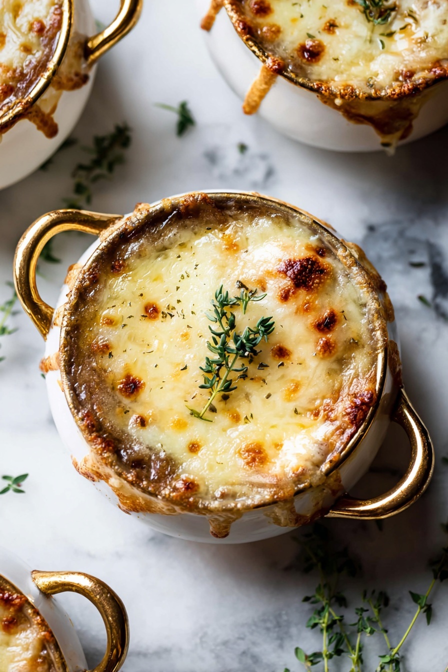 Easy French Onion Soup with Melted Cheese Recipe 6 A white bowl filled with a baked dish showing a thick, melted cheese layer on top that is golden brown with small bubbly spots, slightly dripping down the side of the bowl. A few green herb sprigs are scattered on the melted cheese, adding fresh texture and color. The bowl has two handles and sits on a white cloth, all placed on a white marbled surface. In the background, another similar bowl is slightly blurred. photo taken with an iphone --ar 2:3 --v 7 - Easy French Onion Soup with Melted Cheese, French Onion Soup recipe, cheesy onion soup, caramelized onion soup, homemade French onion soup