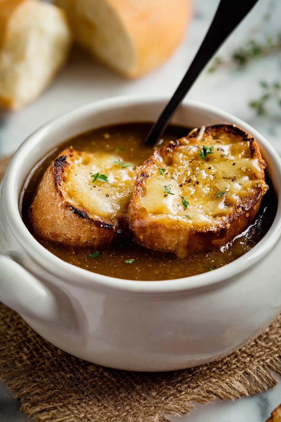 Classic Caramelized Onion Soup with Cheese Toast Recipe 6 A white ceramic bowl filled with rich brown onion soup, topped with two golden-brown toasted bread slices covered in melted cheese, sprinkled with small green herb leaves. The soup looks thick and savory. A black spoon rests inside the bowl, partially submerged in the soup. In the blurry background, a soft white bread roll is visible. The bowl sits on a piece of burlap fabric on a white marbled surface. Photo taken with an iphone --ar 2:3 --v 7 - Classic Caramelized Onion Soup with Cheese Toast, French Onion Soup with Cheese Toast, caramelized onion soup recipe, cheese toast topping soup, comforting French onion soup