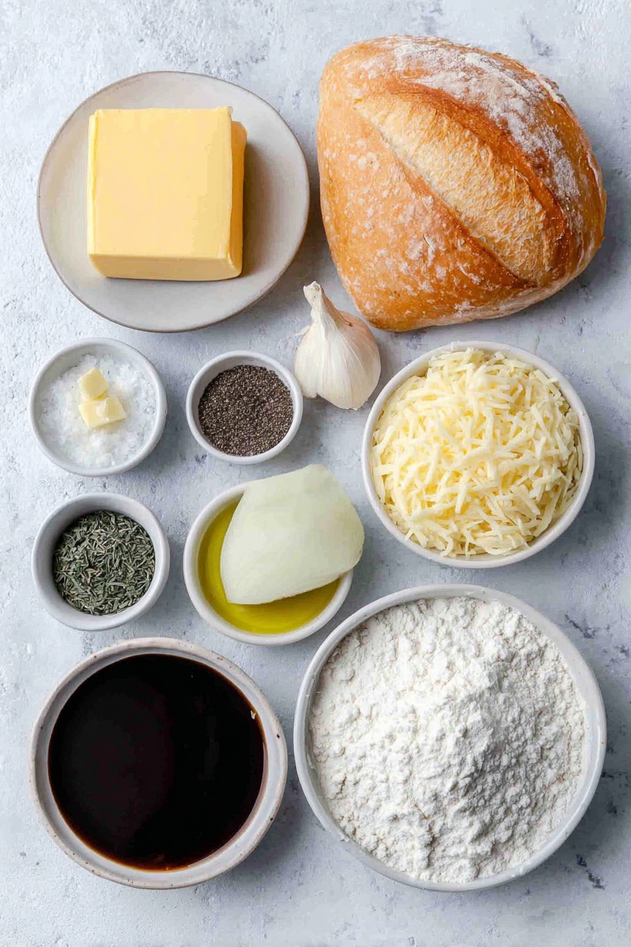 Slow Cooker French Onion Soup Recipe 7 Flat lay of a small stick of pale yellow butter, a pile of fresh sweet yellow onions sliced into rings, a small white ceramic bowl of fine white flour, a small white ceramic bowl with coarse salt crystals, a small white ceramic bowl of ground black pepper, a large simple white ceramic bowl filled with rich brown beef broth, a small white ceramic bowl of gleaming minced garlic, a small white ceramic bowl containing dried sprigs of thyme, a small white ceramic bowl holding dried oregano leaves, a small white ceramic bowl with dark glossy Worcestershire sauce, a small white ceramic bowl of deep brown balsamic vinegar, a single fresh green bay leaf, a fresh rustic baguette with golden crust, a small white ceramic bowl filled with bright green olive oil, a whole uncracked garlic bulb with clean white papery skin, a few thin slices of pale creamy swiss cheese, and a small white ceramic bowl with finely shredded pale yellow parmesan cheese all arranged symmetrically and balanced on a clean white marble surface, soft natural light, photo taken with an iPhone, professional food photography style, fresh ingredients, white ceramic bowls, no bottles, no duplicates, no utensils, no packaging --ar 2:3 --v 7 --p m7354615311229779997 - Slow Cooker French Onion Soup, French Onion Soup Recipe, Easy French Onion Soup, Homemade Onion Soup, Slow Cooker Soup Recipes