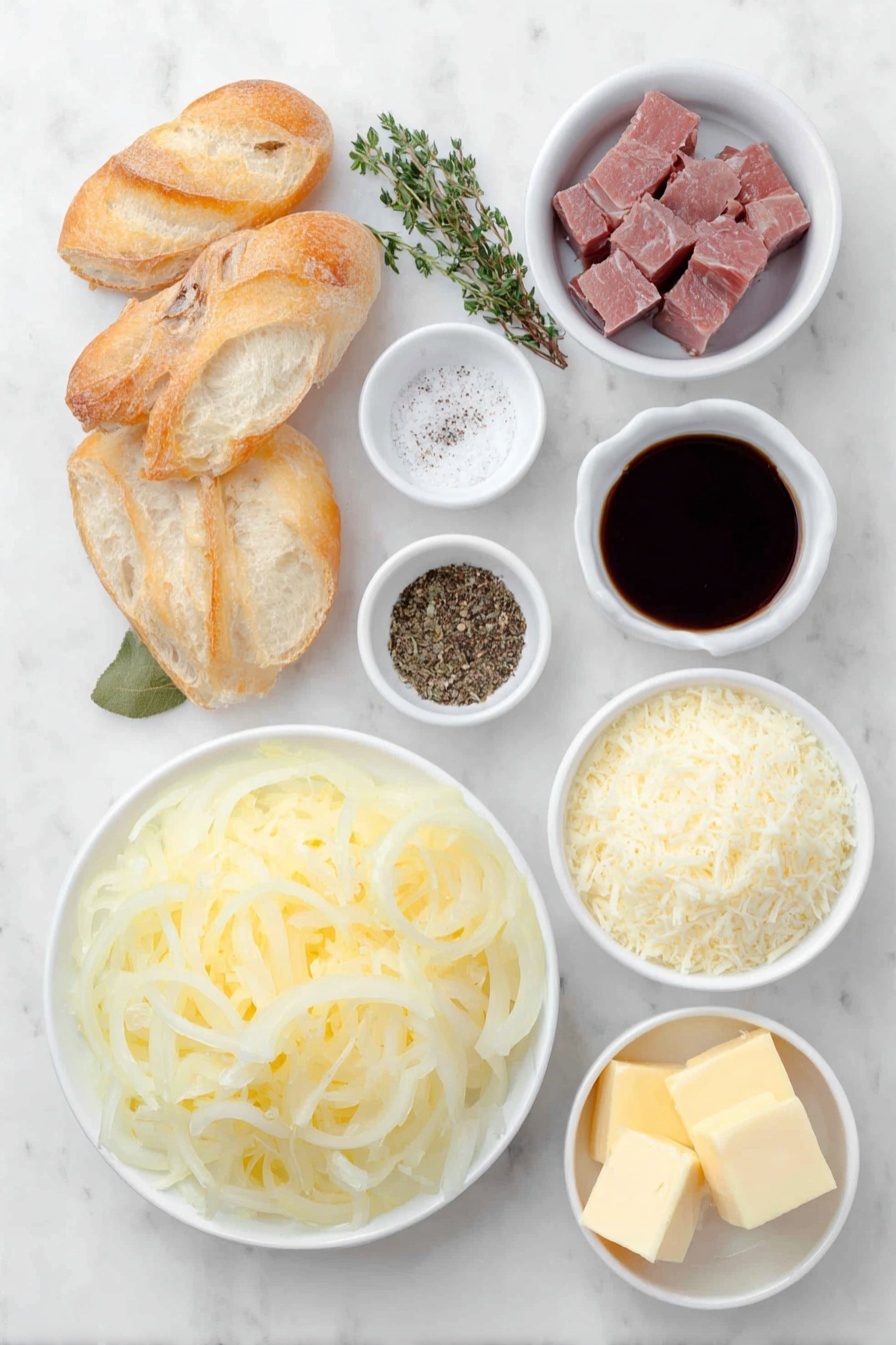 Slow Cooker French Onion Soup Recipe 7 Flat lay of three large yellow onions thinly sliced arranged neatly, a small white bowl with cubed pale yellow butter, whole kosher salt crystals scattered beside a small white bowl of fresh ground black pepper, a small white bowl filled with dark red wine, a single fresh bay leaf, a small white bowl with dried thyme leaves, two beef bouillon cubes side by side, a small white bowl holding deep brown Worcestershire sauce, several slices of French baguette with crusty golden edges, a mound of grated pale yellow Gruyere cheese, and a smaller mound of grated off-white Parmesan cheese, all placed on a clean white marble surface, soft natural light, photo taken with an iPhone, professional food photography style, fresh ingredients, white ceramic bowls, no bottles, no duplicates, no utensils, no packaging --ar 2:3 --v 7 --p m7354615311229779997 - Slow Cooker French Onion Soup, homemade French onion soup, easy onion soup recipe, comforting crockpot French onion, caramelized onion soup