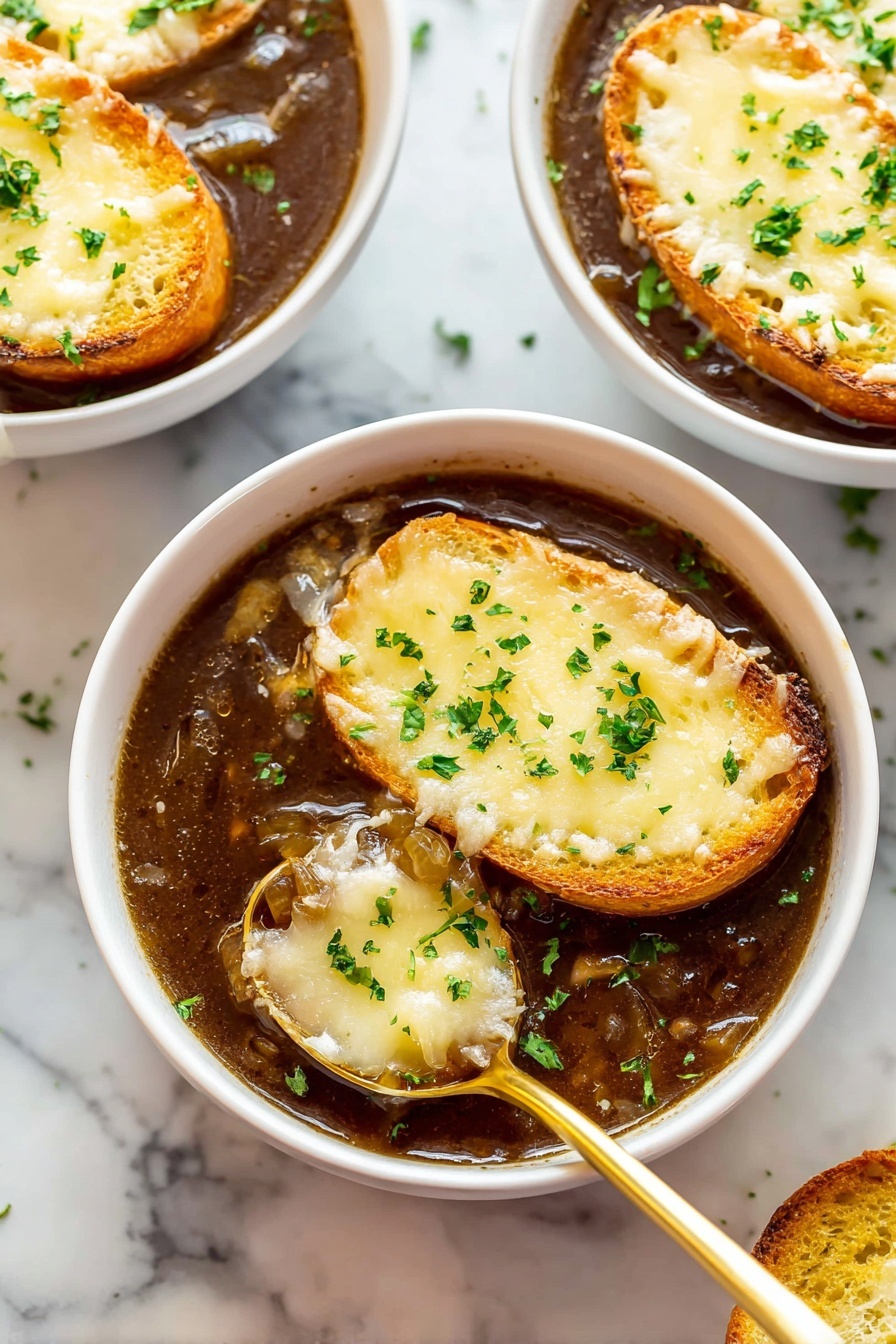 Instant Pot French Onion Soup Recipe 6 The image shows three white bowls filled with dark brown onion soup. Each bowl has two to three golden, toasted bread slices floating on top, covered with melted light yellow cheese that looks soft and slightly browned. The soup is garnished with small green parsley pieces scattered on the bread and in the soup. One bowl in the front has a gold spoon lifting some soup with visible cooked onions and a bit of melted cheese. The bowls are placed on a white marbled surface. The photo taken with an iphone --ar 2:3 --v 7 - Instant Pot French Onion Soup, French Onion Soup, Instant Pot Onion Soup, Easy French Onion Soup, Quick French Onion Soup