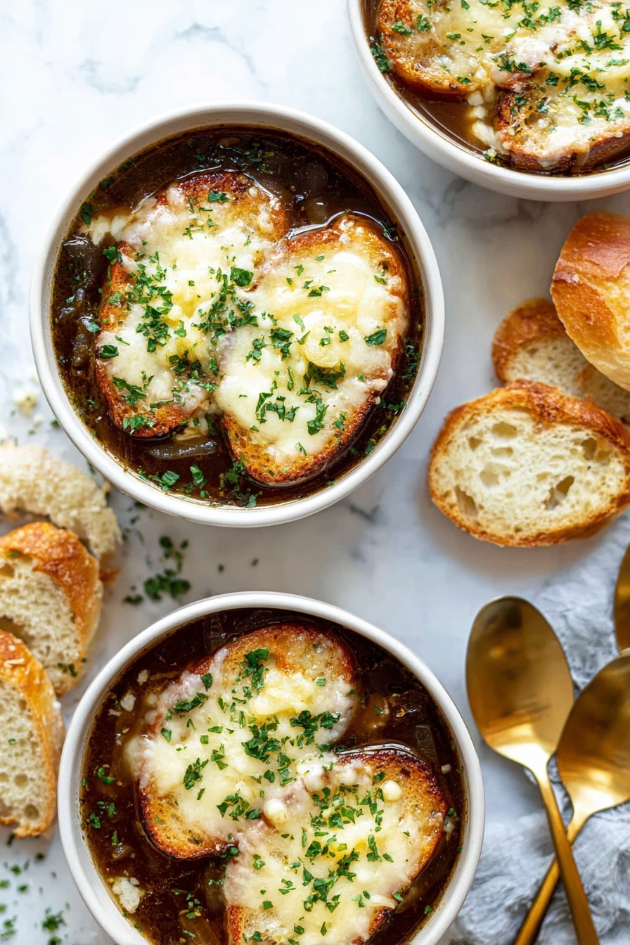 Instant Pot French Onion Soup Recipe 8 The image shows three white bowls filled with dark brown onion soup, each topped with two to three slices of toasted bread covered with melted golden cheese, sprinkled with fresh green chopped herbs. The bread slices float on the soup, showing a mix of melted cheese and slightly crispy browned edges. Next to the bowls, there is a small pile of sliced bread on a white marbled surface. To the right are three shiny gold spoons placed together. The lighting is bright and natural, highlighting the textures of the melted cheese, herbs, and soup. Photo taken with an iphone --ar 2:3 --v 7 - Instant Pot French Onion Soup, French Onion Soup, Instant Pot Onion Soup, Easy French Onion Soup, Quick French Onion Soup