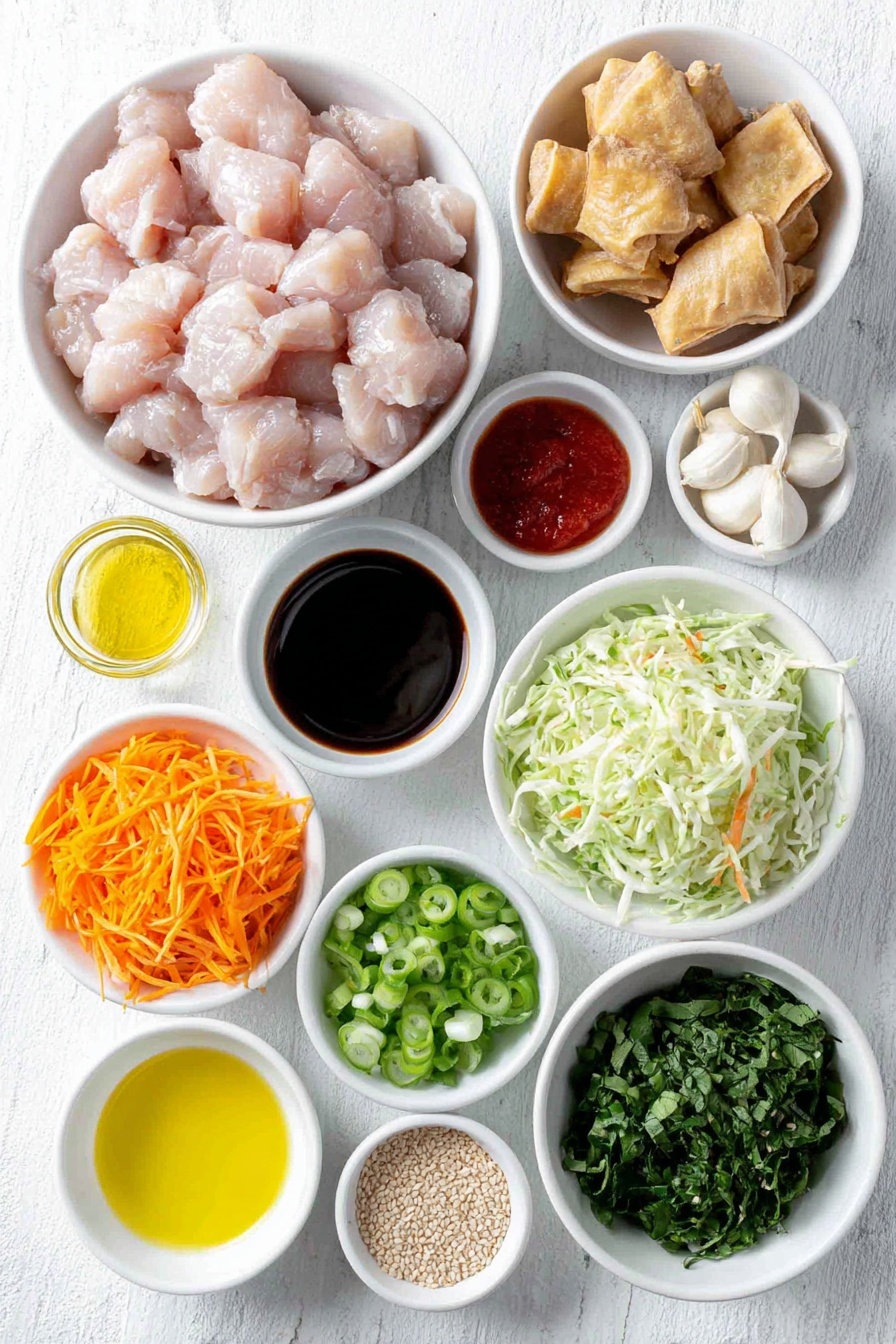 Chicken Wonton Tacos with Asian Slaw Recipe 7 Flat lay of finely diced raw chicken breast, a small white bowl of glossy hoisin sauce, a small white bowl of golden sesame oil, a small white bowl of dark soy sauce, two peeled garlic cloves, a small pile of fresh minced ginger root, a heap of vibrant Asian coleslaw mix, four fresh green onions sliced thinly, a small white bowl of clear rice vinegar, a small white bowl of amber honey, sixteen fresh wonton wrappers arranged neatly, a small white bowl of bright red sweet chili sauce, a small bunch of fresh cilantro sprigs, and a small scattering of raw sesame seeds—all arranged in perfect symmetry on simple white ceramic dishes and bowls—placed on a clean white marble surface, soft natural light, photo taken with an iPhone, professional food photography style, fresh ingredients, white ceramic bowls, no bottles, no duplicates, no utensils, no packaging --ar 2:3 --v 7 --p m7354615311229779997 - Chicken Wonton Tacos with Asian Slaw, Asian-inspired taco recipes, crispy wonton tacos, easy chicken taco ideas, flavorful Asian slaw toppings