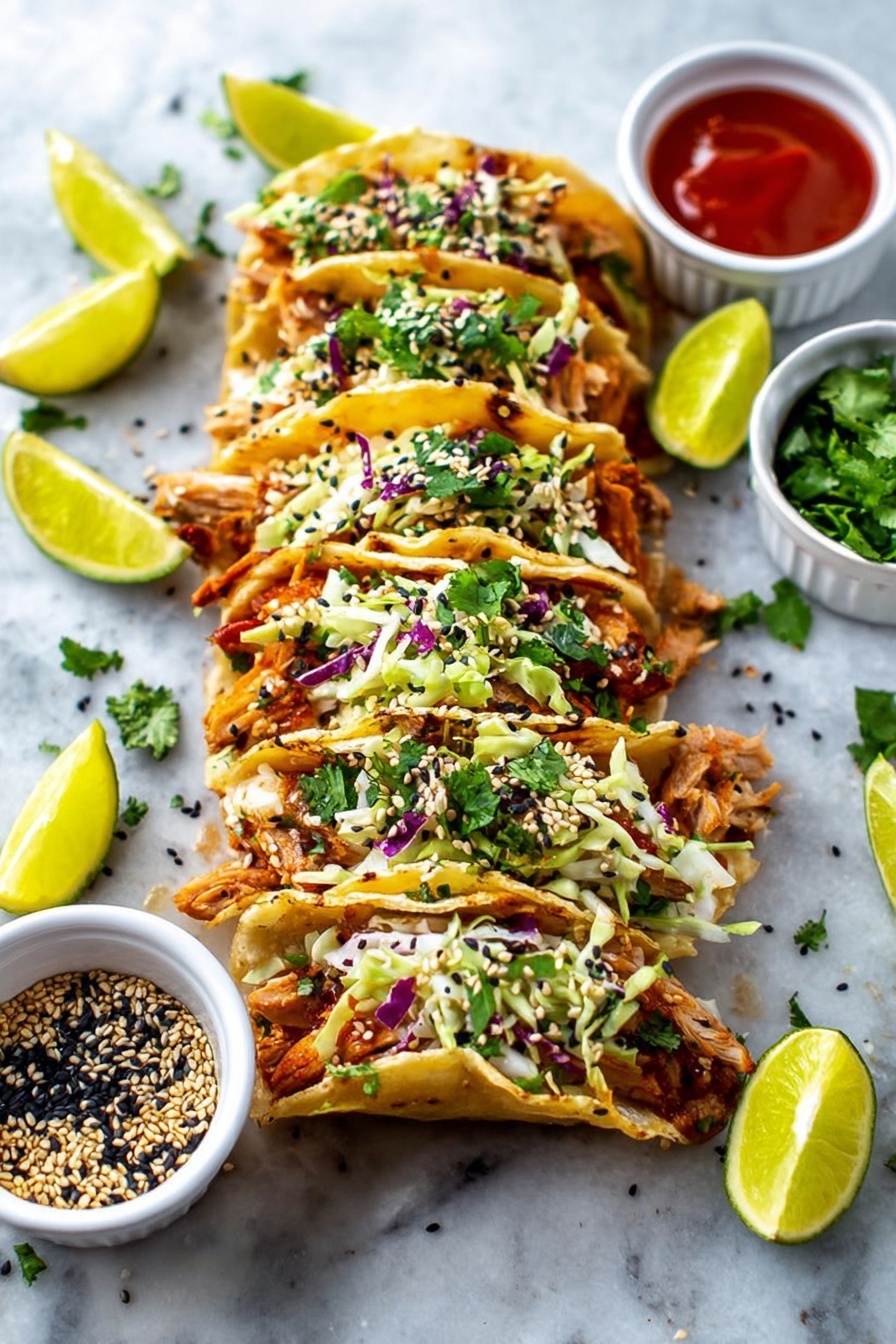 Chicken Wonton Tacos with Asian Slaw Recipe 8 There are eight small tacos standing upright in two rows on a white marbled surface. Each taco has three layers: a light golden crispy shell on the outside, tender pieces of light brown cooked chicken in the middle, and a fresh mix of shredded green and purple cabbage with chopped green cilantro on top, sprinkled with white and black sesame seeds. Around the tacos, there are bright yellow lime wedges placed casually, along with two small white bowls, one filled with a red sauce and the other with a mix of sesame seeds and spices. The tacos and bowls are in focus, and everything looks fresh and colorful. Photo taken with an iphone --ar 2:3 --v 7 - Chicken Wonton Tacos with Asian Slaw, Asian-inspired taco recipes, crispy wonton tacos, easy chicken taco ideas, flavorful Asian slaw toppings