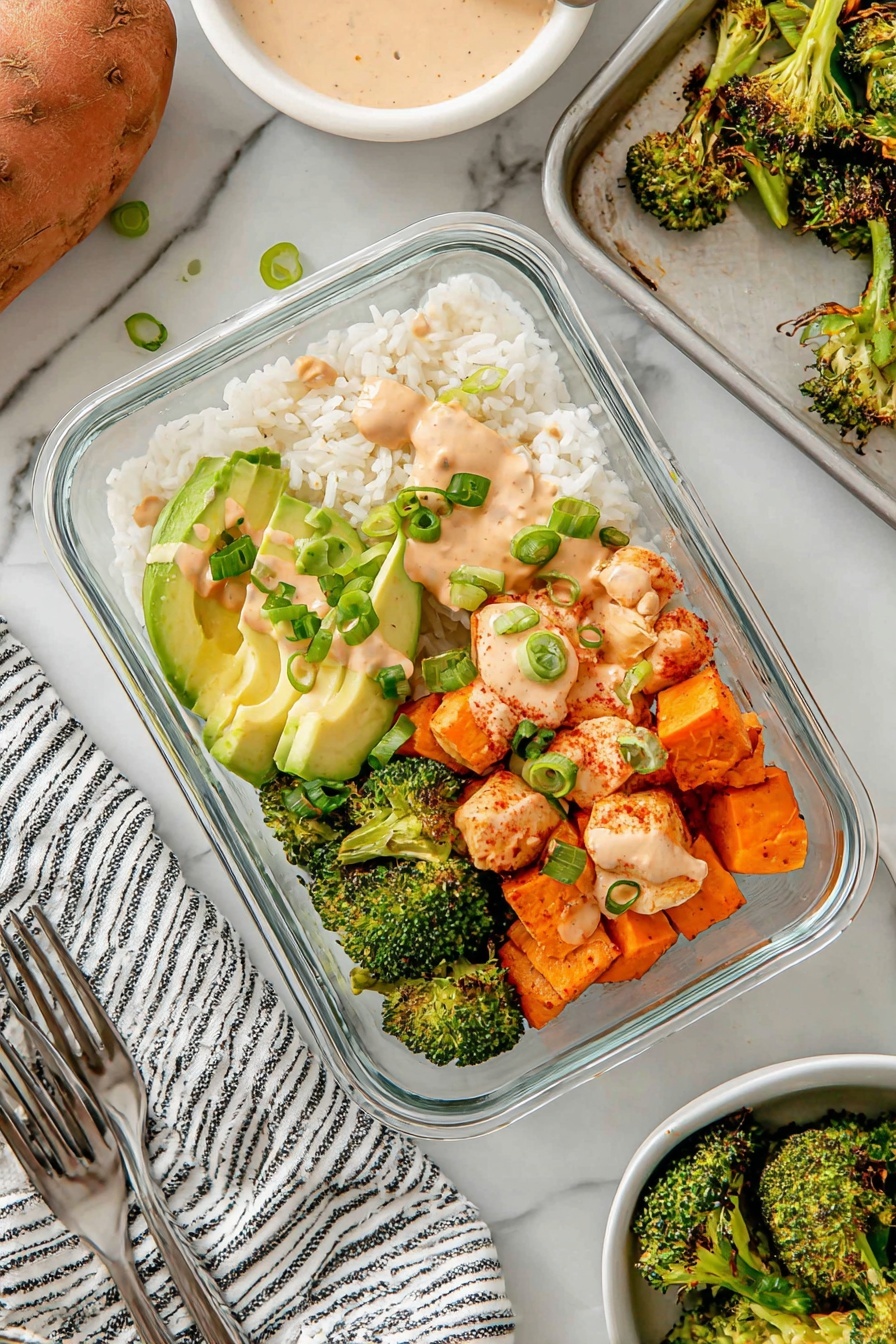 Cajun Chicken Sweet Potato Rice Bowl Recipe 6 A clear glass container holds a layered meal starting with white rice at the bottom, followed by roasted orange sweet potato cubes and seasoned cooked chicken pieces on one side, topped with a light beige creamy sauce and sprinkled with green onion slices. Beside this is a layer of bright green roasted broccoli florets, and on top, slices of fresh avocado with some sauce drizzled over them. The container sits on a white marbled surface with roasted broccoli on a white tray nearby, a whole sweet potato, a white bowl with creamy sauce, and a white bowl with more broccoli and sweet potato around it. A white cloth with black stripes and some forks are also visible at the edge of the image photo taken with an iphone --ar 2:3 --v 7 - Cajun Chicken Sweet Potato Rice Bowl, Cajun Chicken dinner ideas, healthy rice bowl recipes, spicy chicken and sweet potato bowls, easy dinner recipes